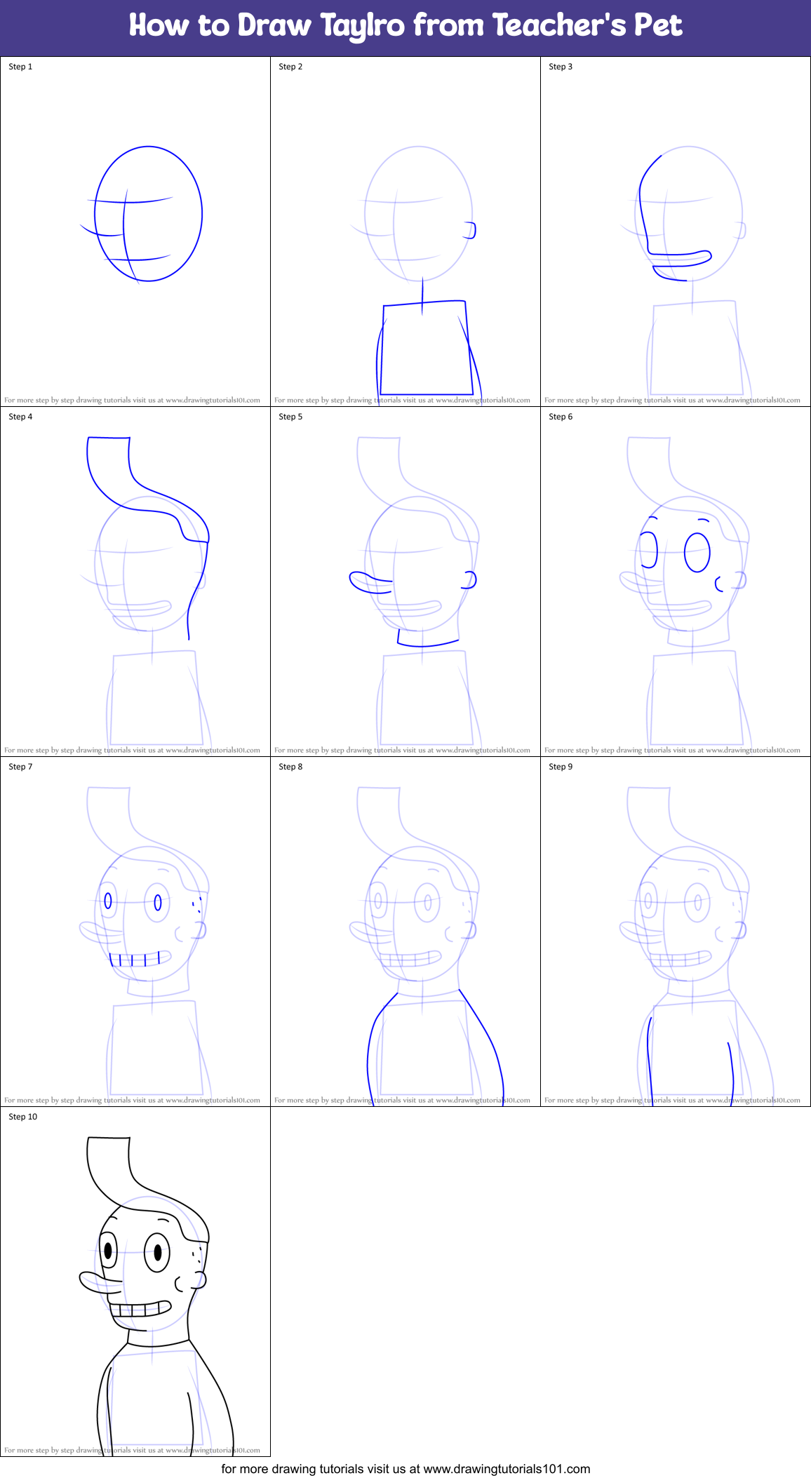 How to Draw Taylro from Teacher's Pet Printable Step by Step