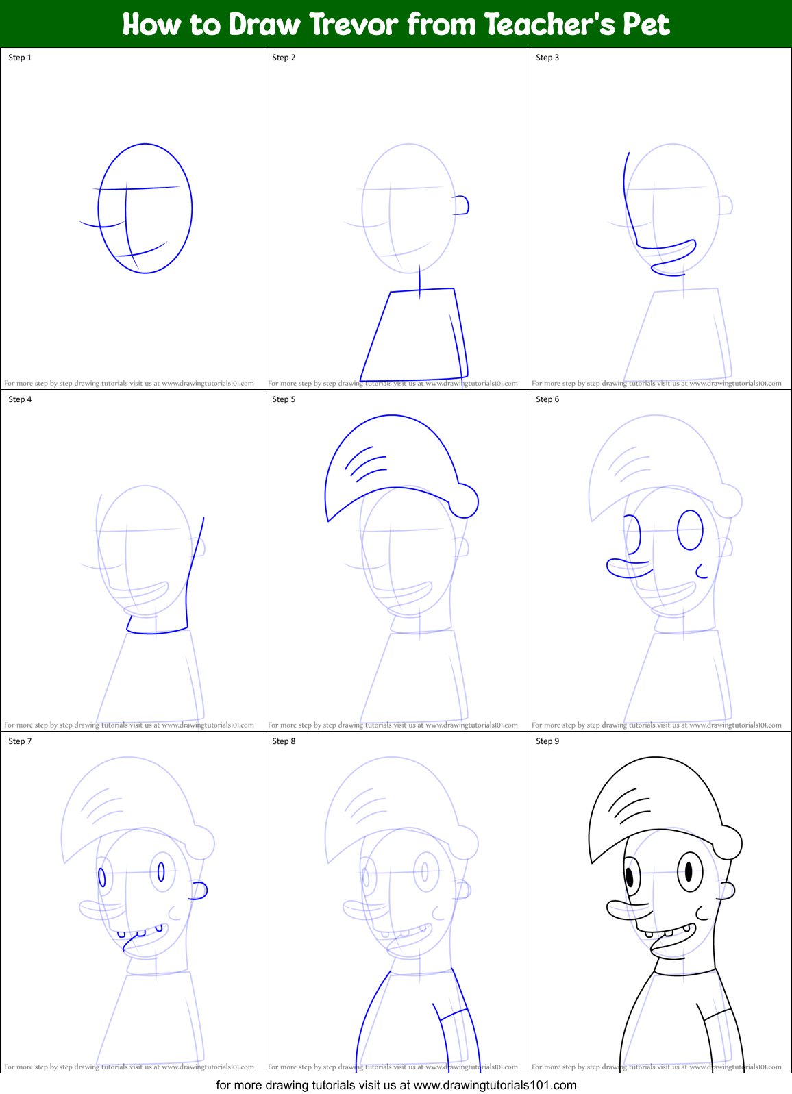 How to Draw Trevor from Teacher's Pet Printable Step by Step