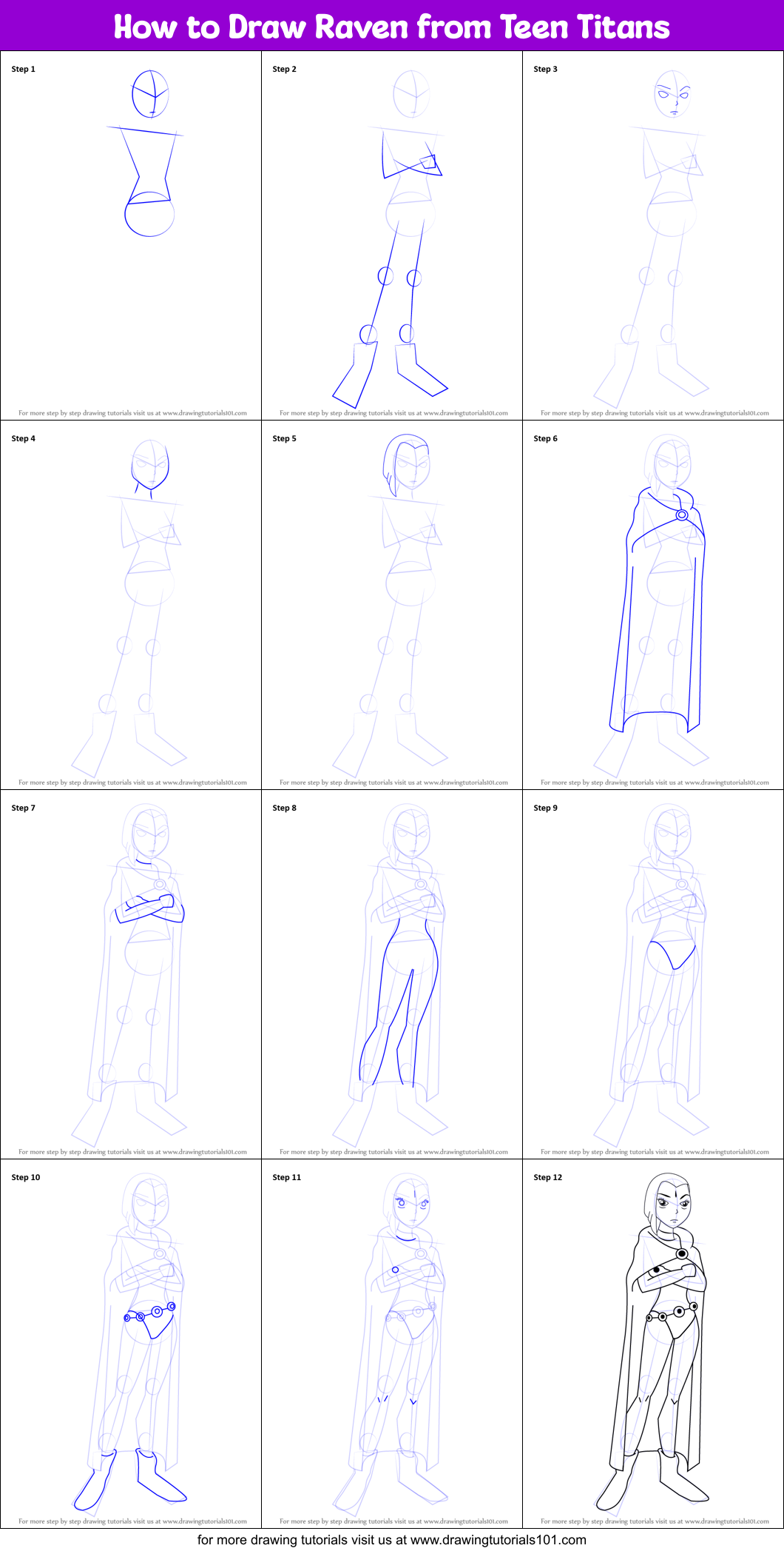 How to Draw Raven from Teen Titans printable step by step drawing sheet