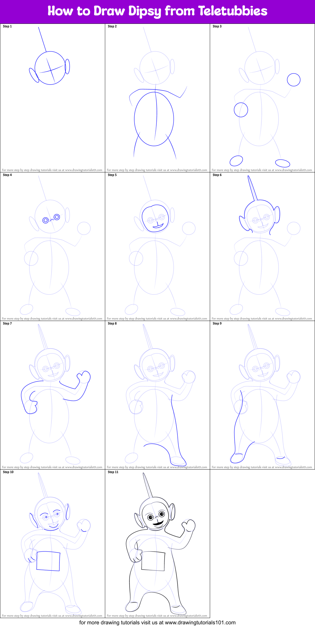 How to Draw Dipsy from Teletubbies Printable Step by Step