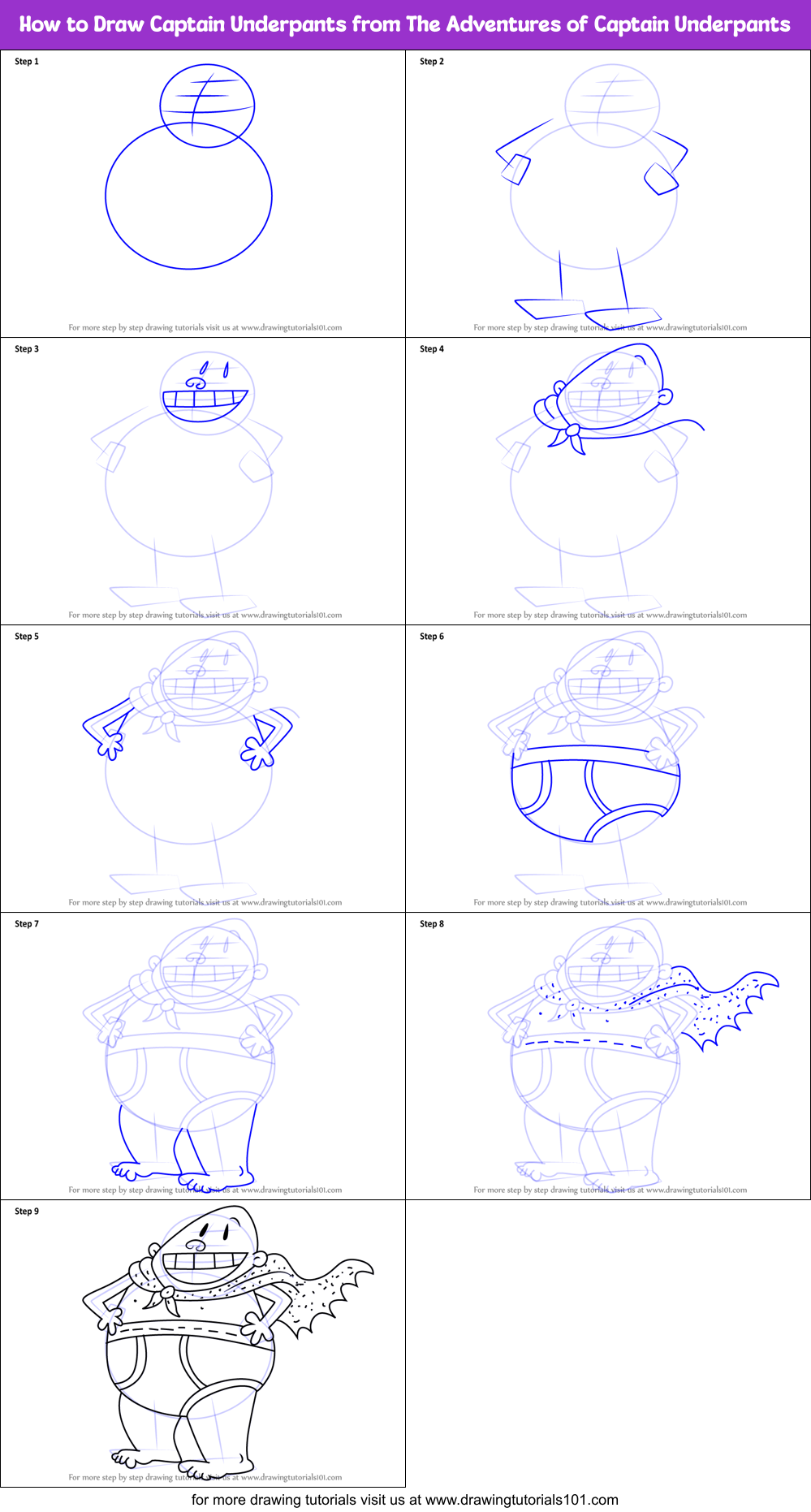 How to Draw Captain Underpants from The Adventures of Captain Underpants Printable Step by Step