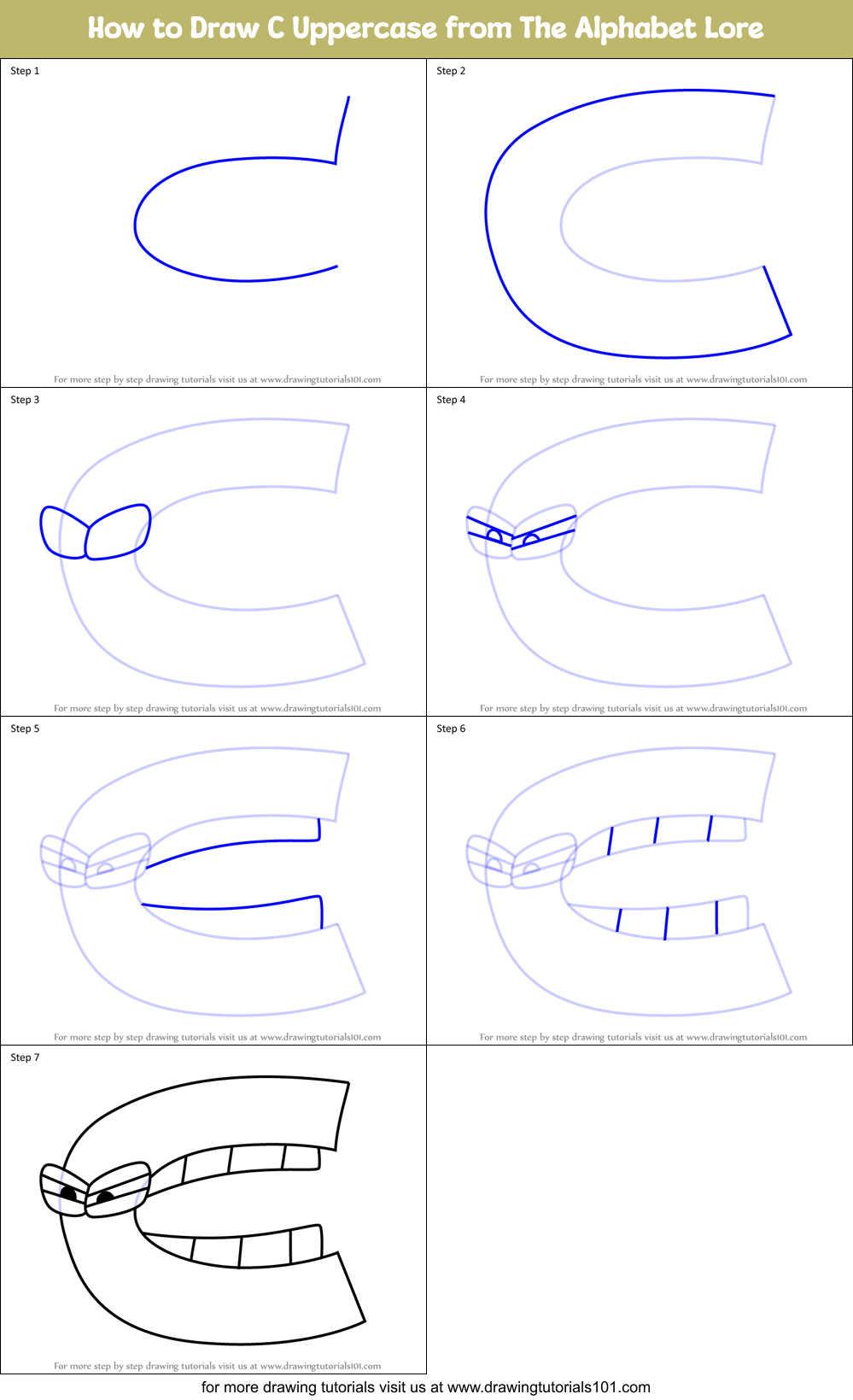 How to Draw C Uppercase from The Alphabet Lore Printable Step by Step