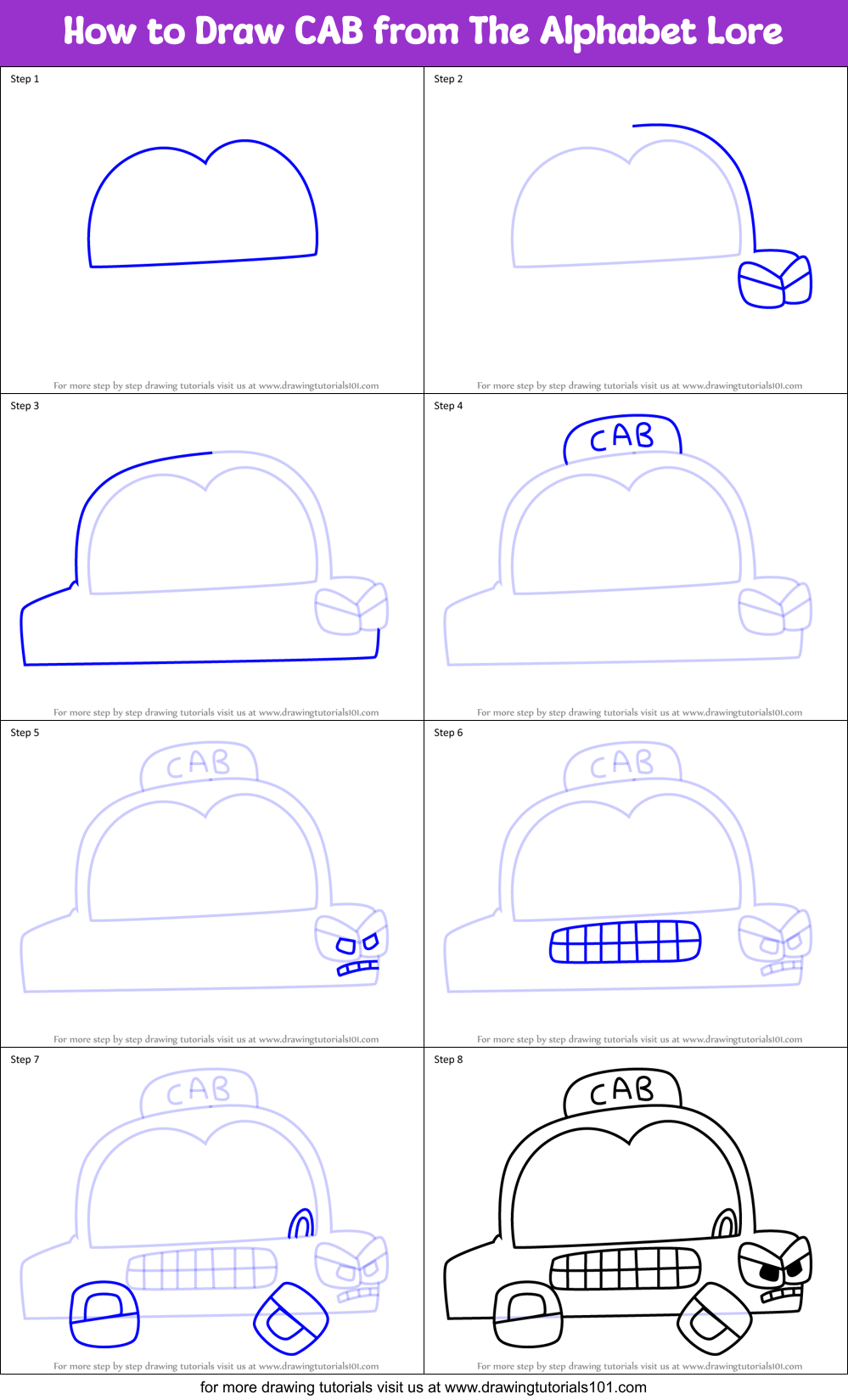 How to Draw CAB from The Alphabet Lore Printable Step by Step