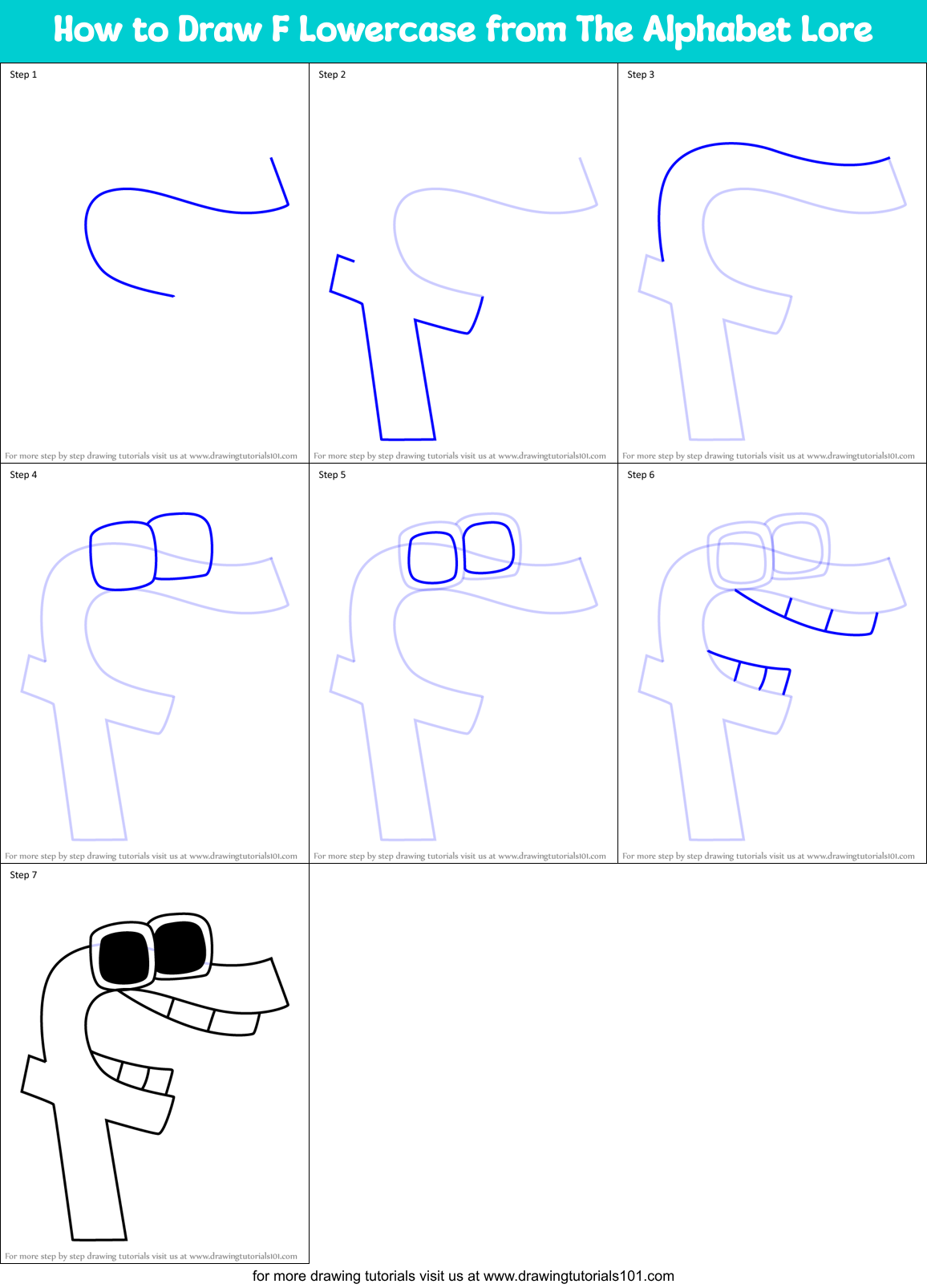 How to Draw F Lowercase from The Alphabet Lore Printable Step by Step