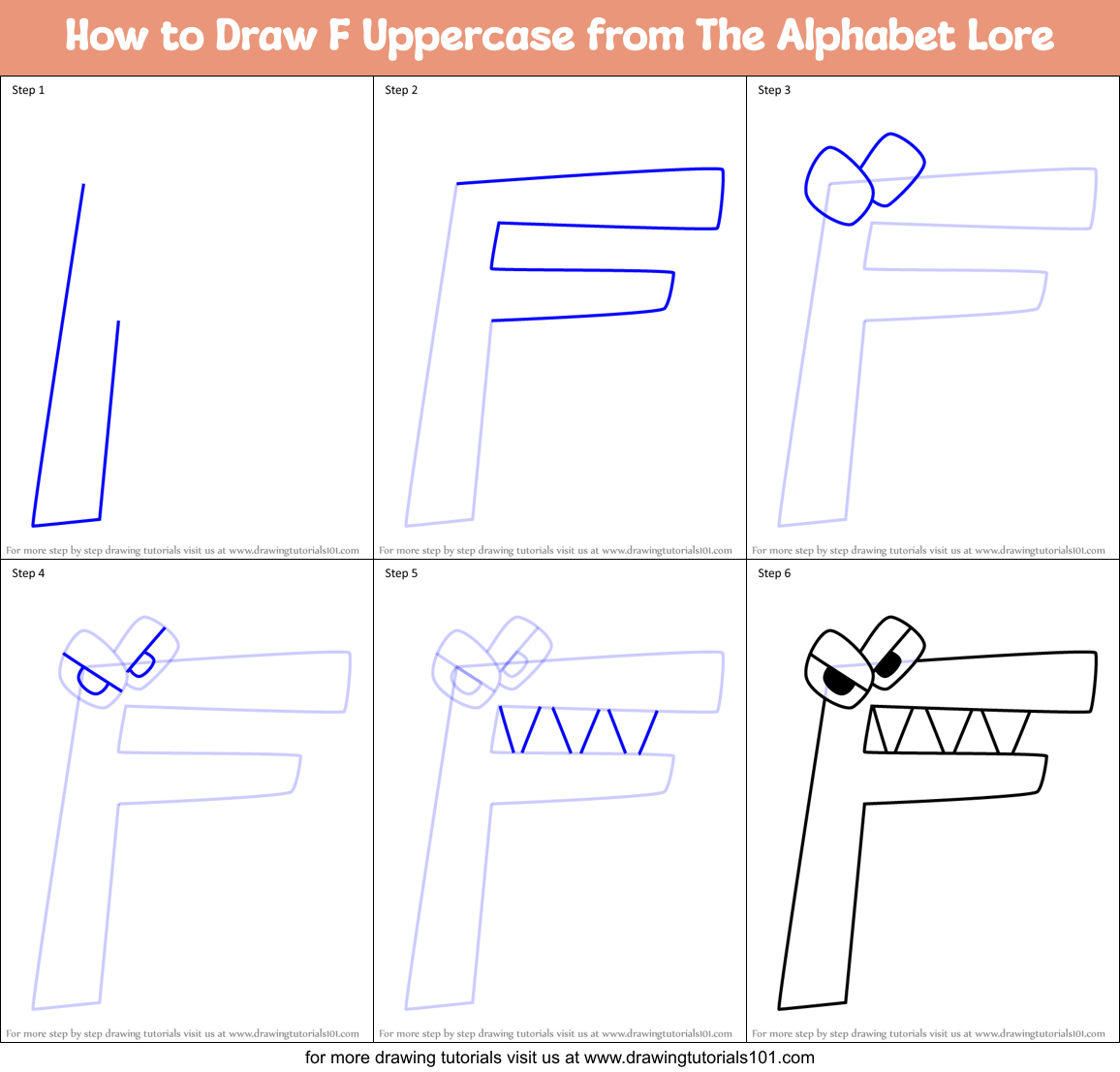 How to Draw F Uppercase from The Alphabet Lore Printable Step by Step