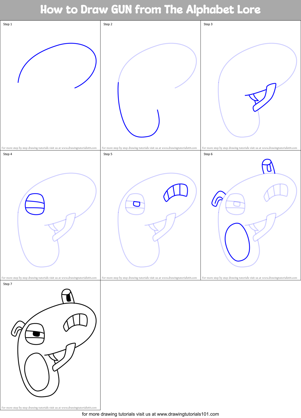 How to Draw GUN from The Alphabet Lore Printable Step by Step