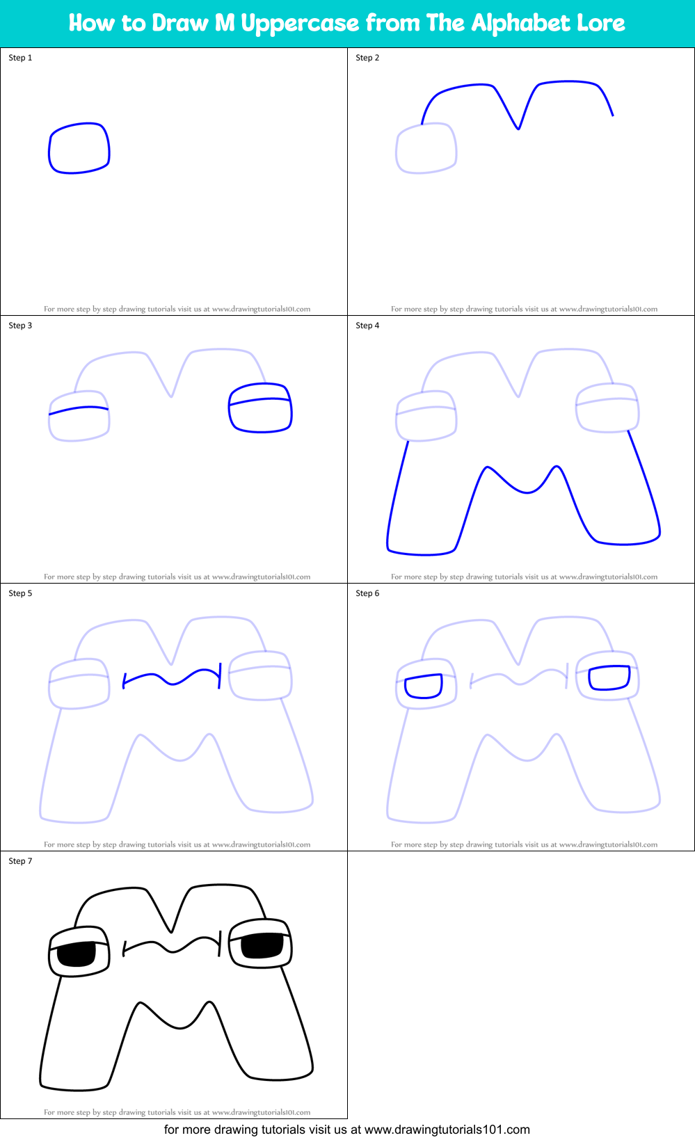 How to Draw M Uppercase from The Alphabet Lore Printable Step by Step