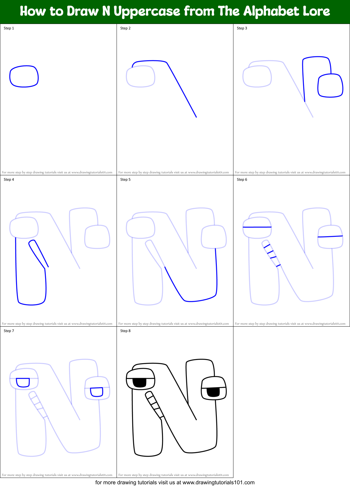 How to Draw N Uppercase from The Alphabet Lore Printable Step by Step