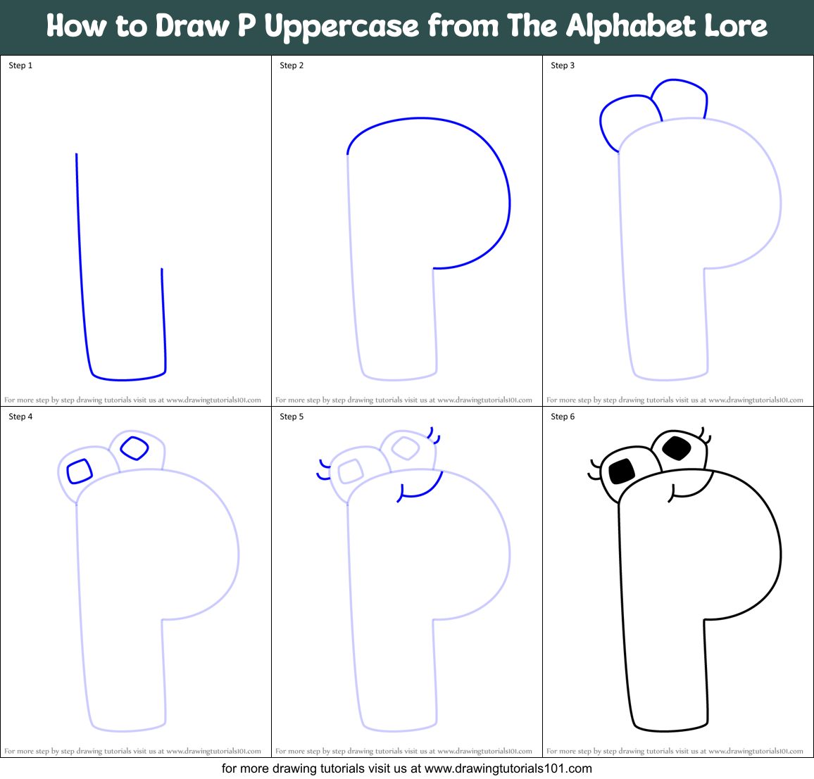 How to Draw P Uppercase from The Alphabet Lore Printable Step by Step