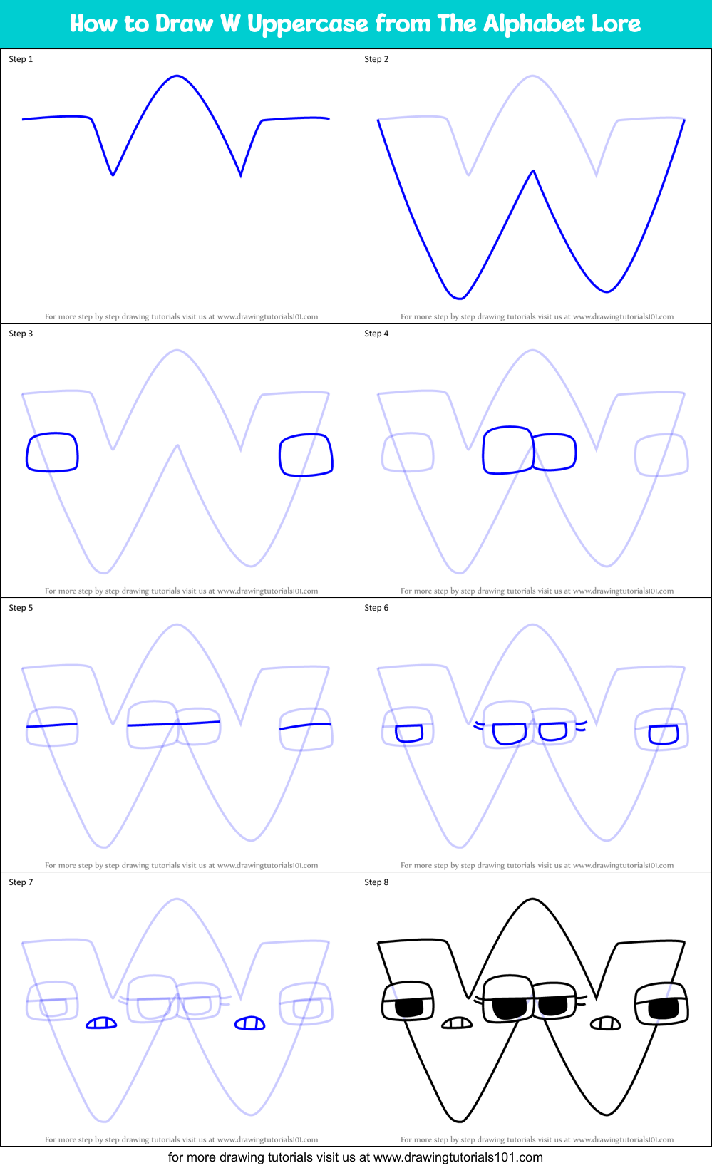 How to Draw W Uppercase from The Alphabet Lore Printable Step by Step
