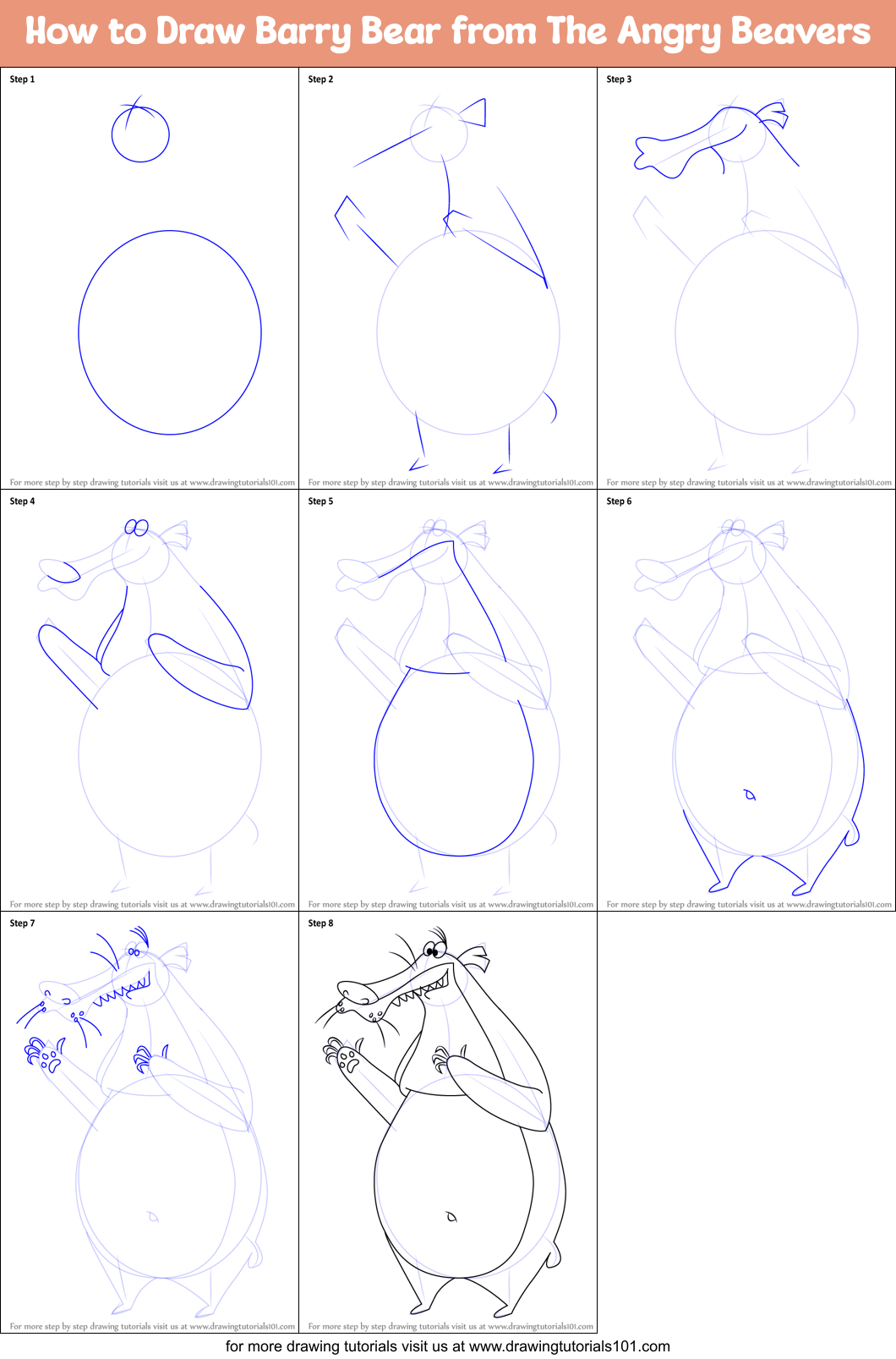 How to Draw Barry Bear from The Angry Beavers Printable Step by Step