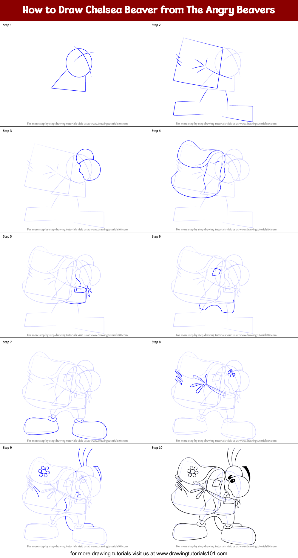 How to Draw Chelsea Beaver from The Angry Beavers Printable Step by Step