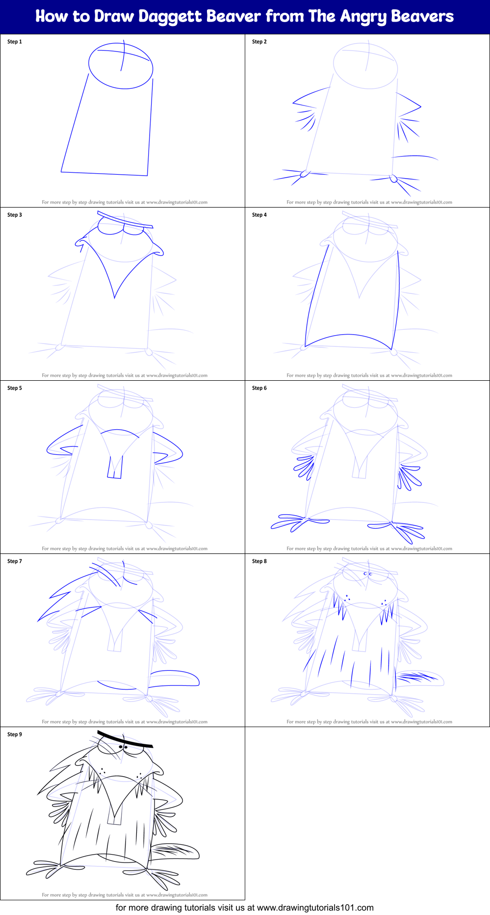 How to Draw Daggett Beaver from The Angry Beavers Printable Step by Step