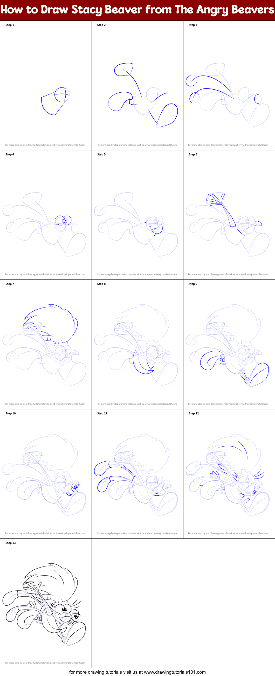 How to Draw Stacy Beaver from The Angry Beavers Printable Step by Step