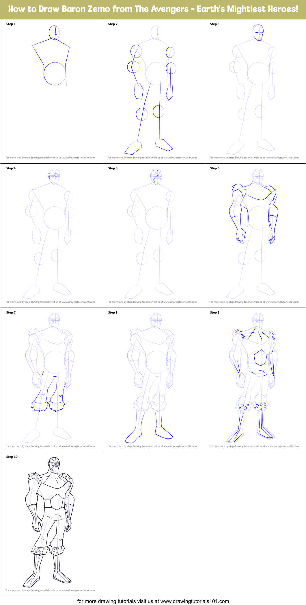 How to Draw Baron Zemo from The Avengers - Earth's Mightiest Heroes! Printable Step by Step