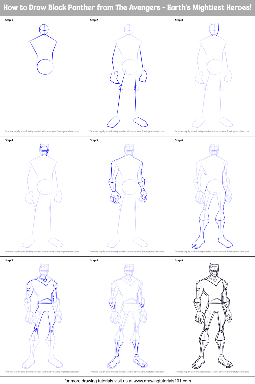 How to Draw Black Panther from The Avengers - Earth's Mightiest Heroes! Printable Step by Step