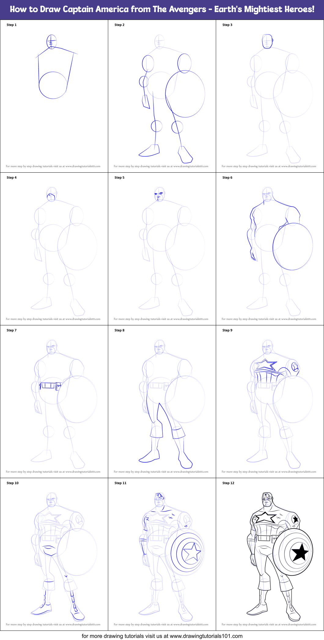 How to Draw Captain America from The Avengers - Earth's Mightiest Heroes! Printable Step by Step