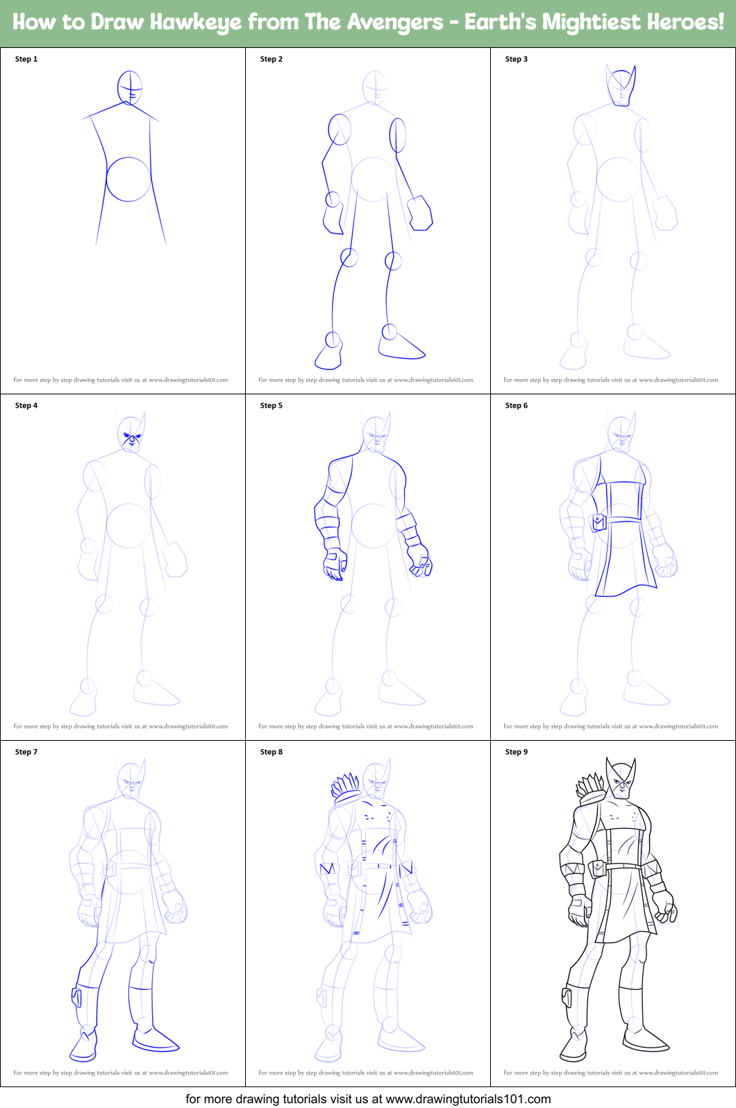 How to Draw Hawkeye from The Avengers - Earth's Mightiest Heroes! Printable Step by Step