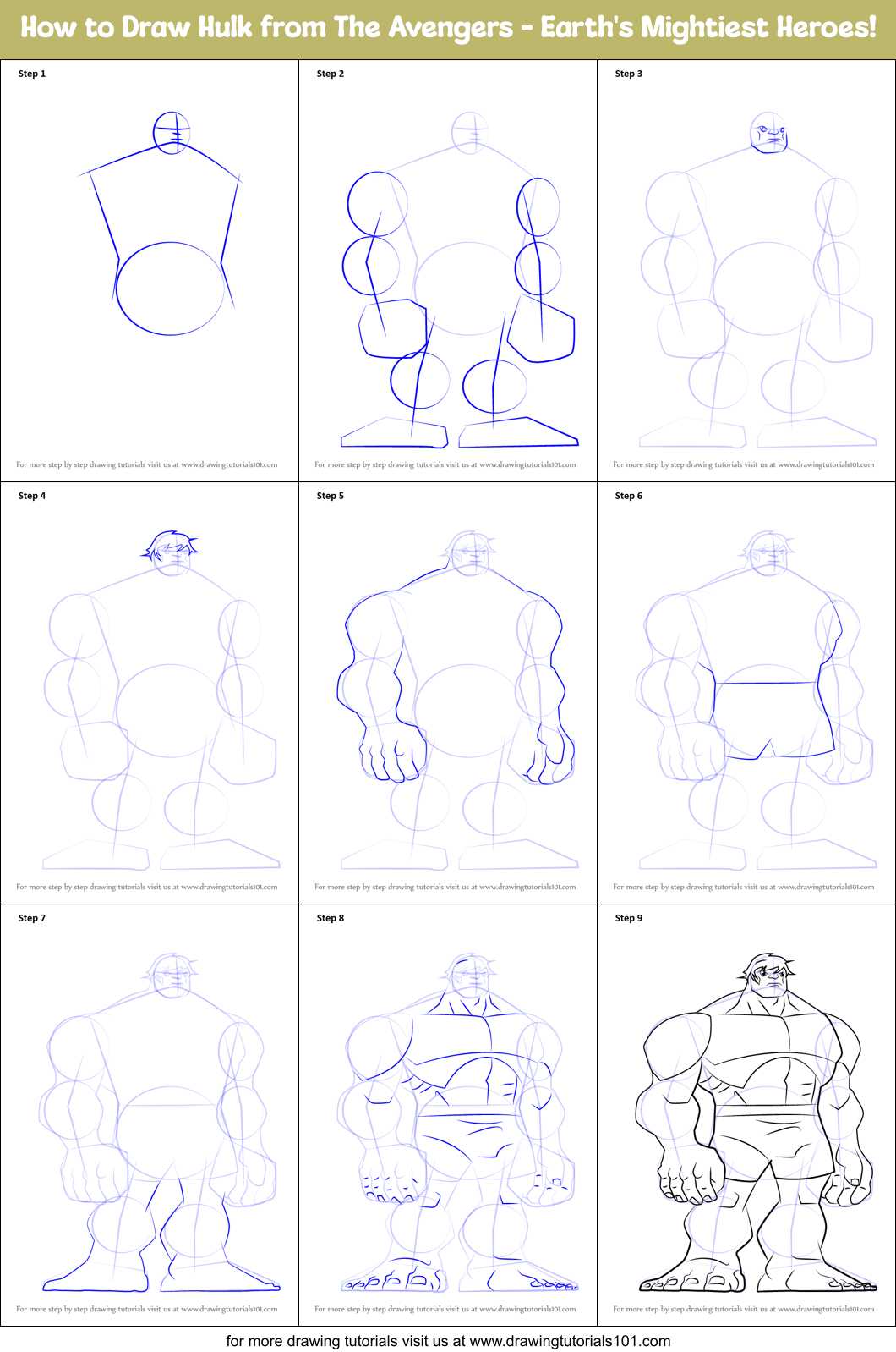 How to Draw Hulk from The Avengers - Earth's Mightiest Heroes! Printable Step by Step