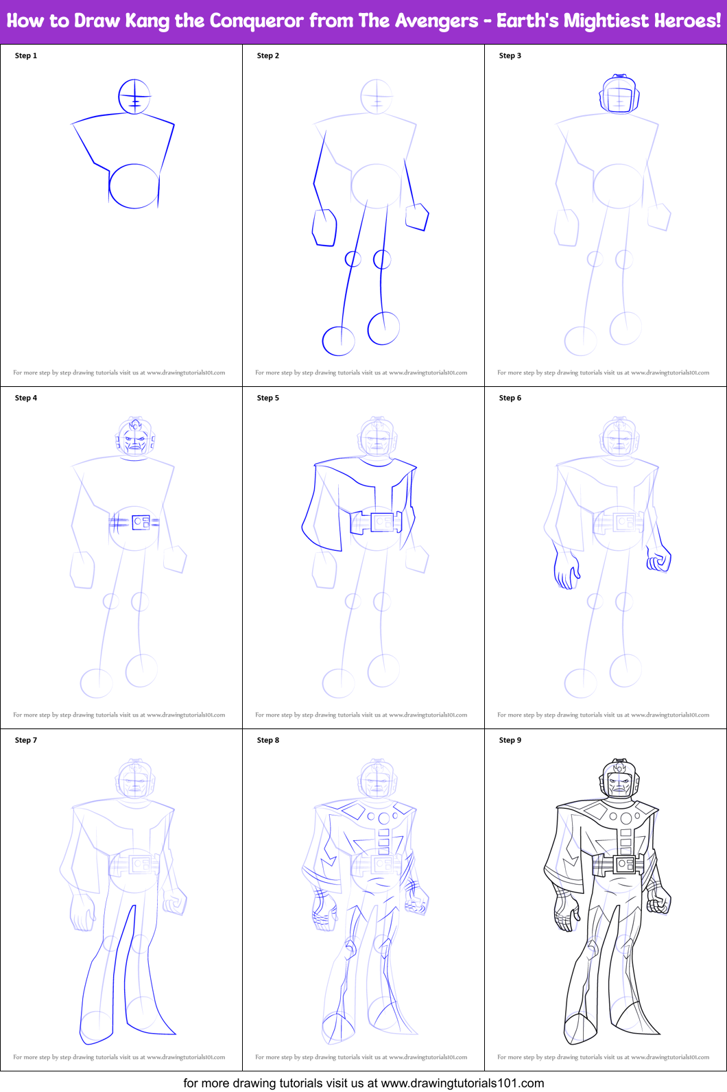 How to Draw Kang the Conqueror from The Avengers - Earth's Mightiest Heroes! Printable Step by Step