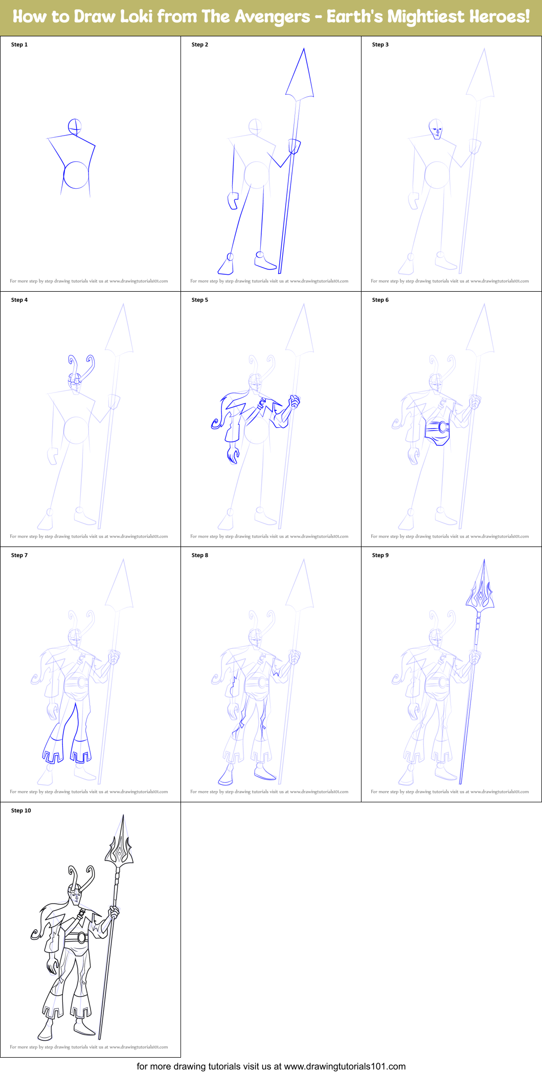 How to Draw Loki from The Avengers - Earth's Mightiest Heroes! Printable Step by Step