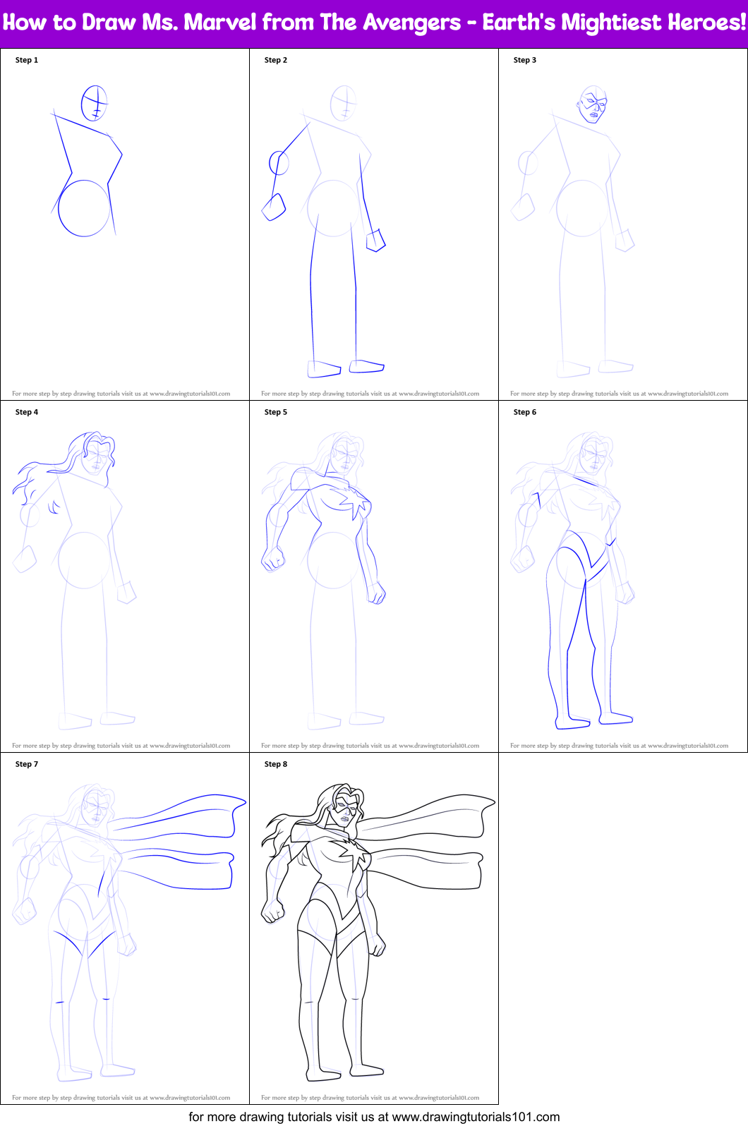How to Draw Ms. Marvel from The Avengers - Earth's Mightiest Heroes! Printable Step by Step