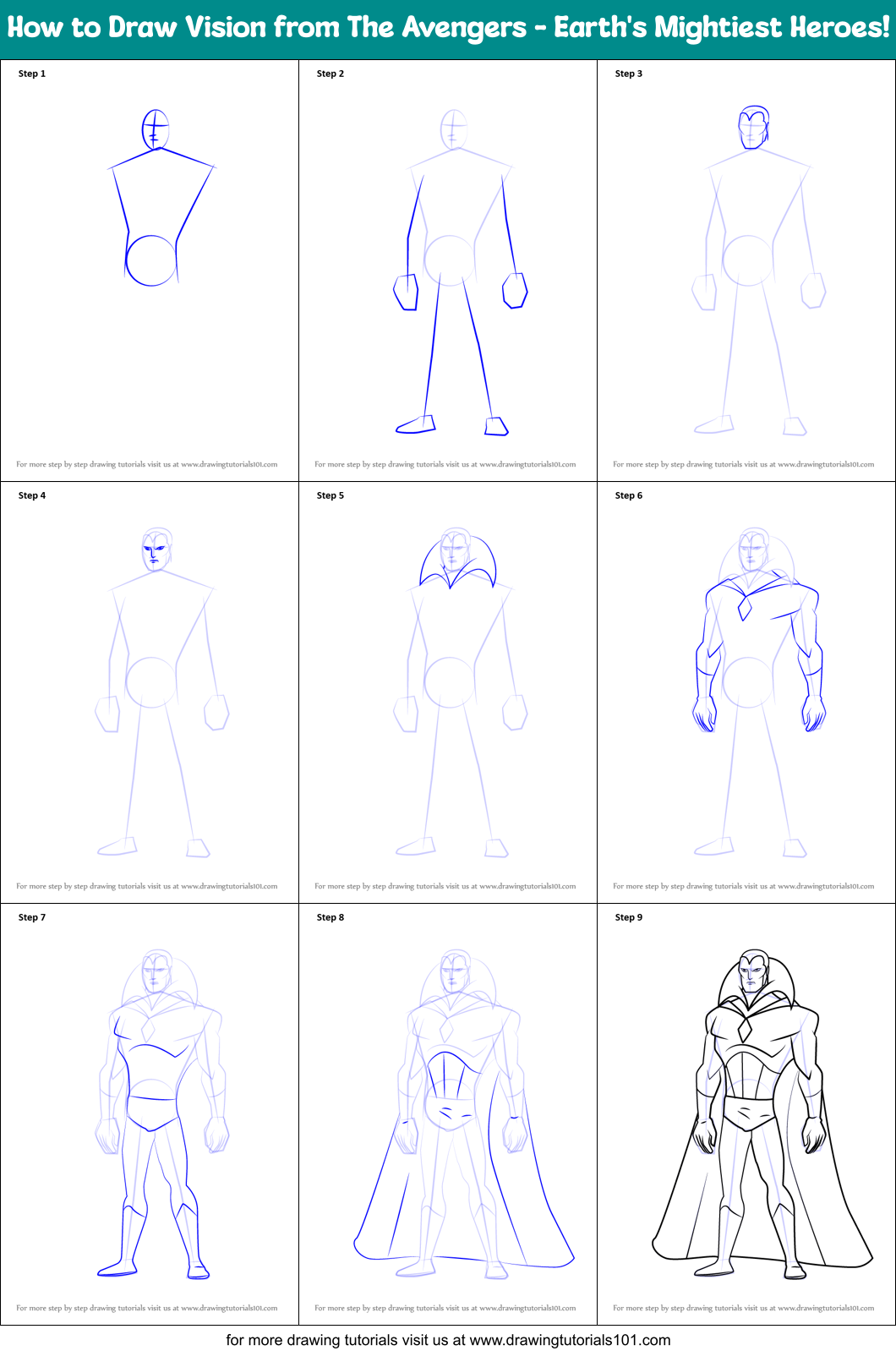 How to Draw Vision from The Avengers - Earth's Mightiest Heroes! Printable Step by Step