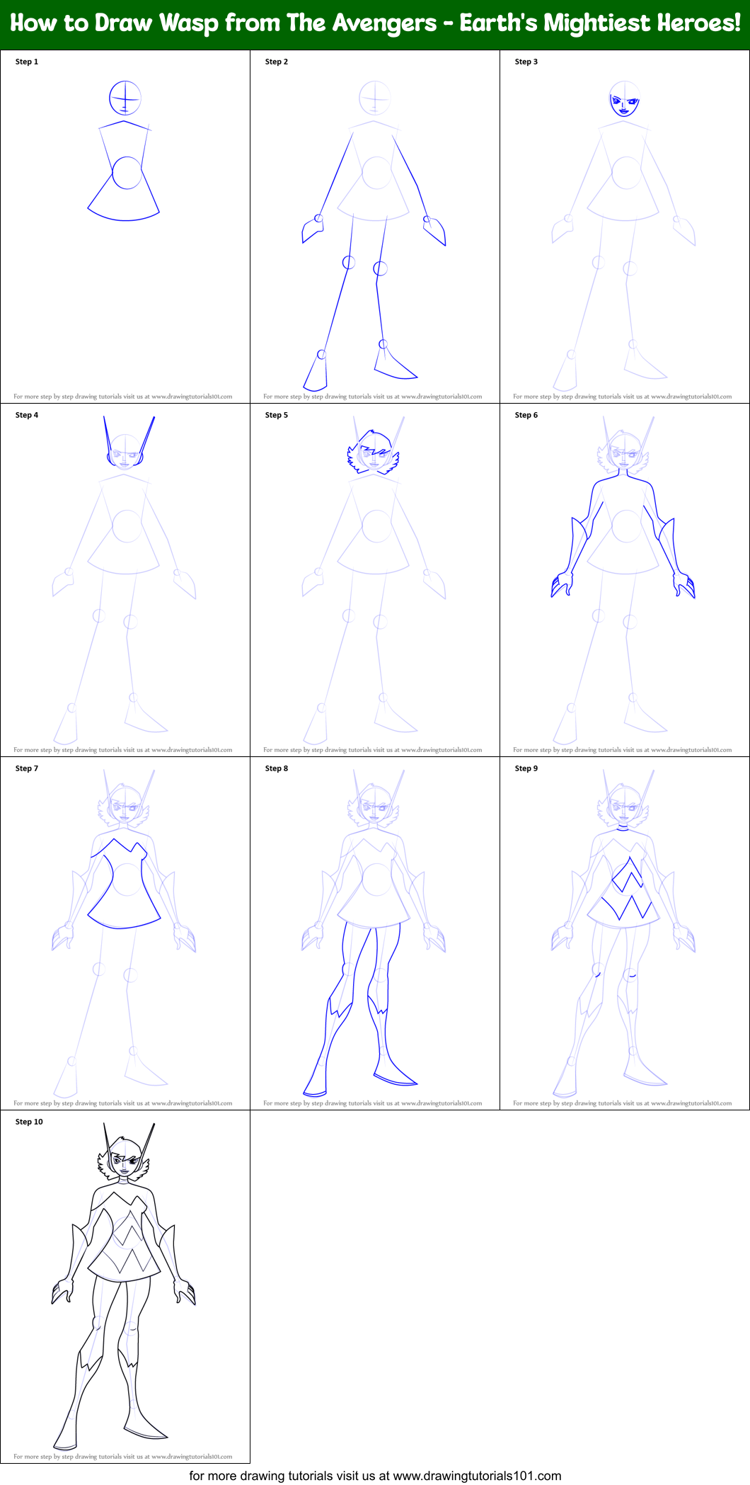 How to Draw Wasp from The Avengers - Earth's Mightiest Heroes! Printable Step by Step