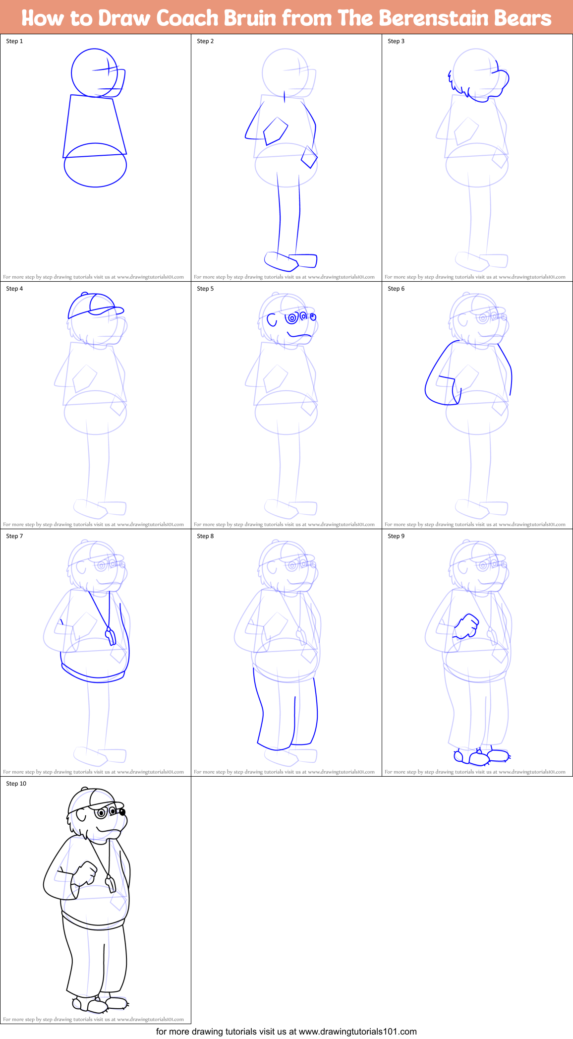 How to Draw Coach Bruin from The Berenstain Bears Printable Step by Step