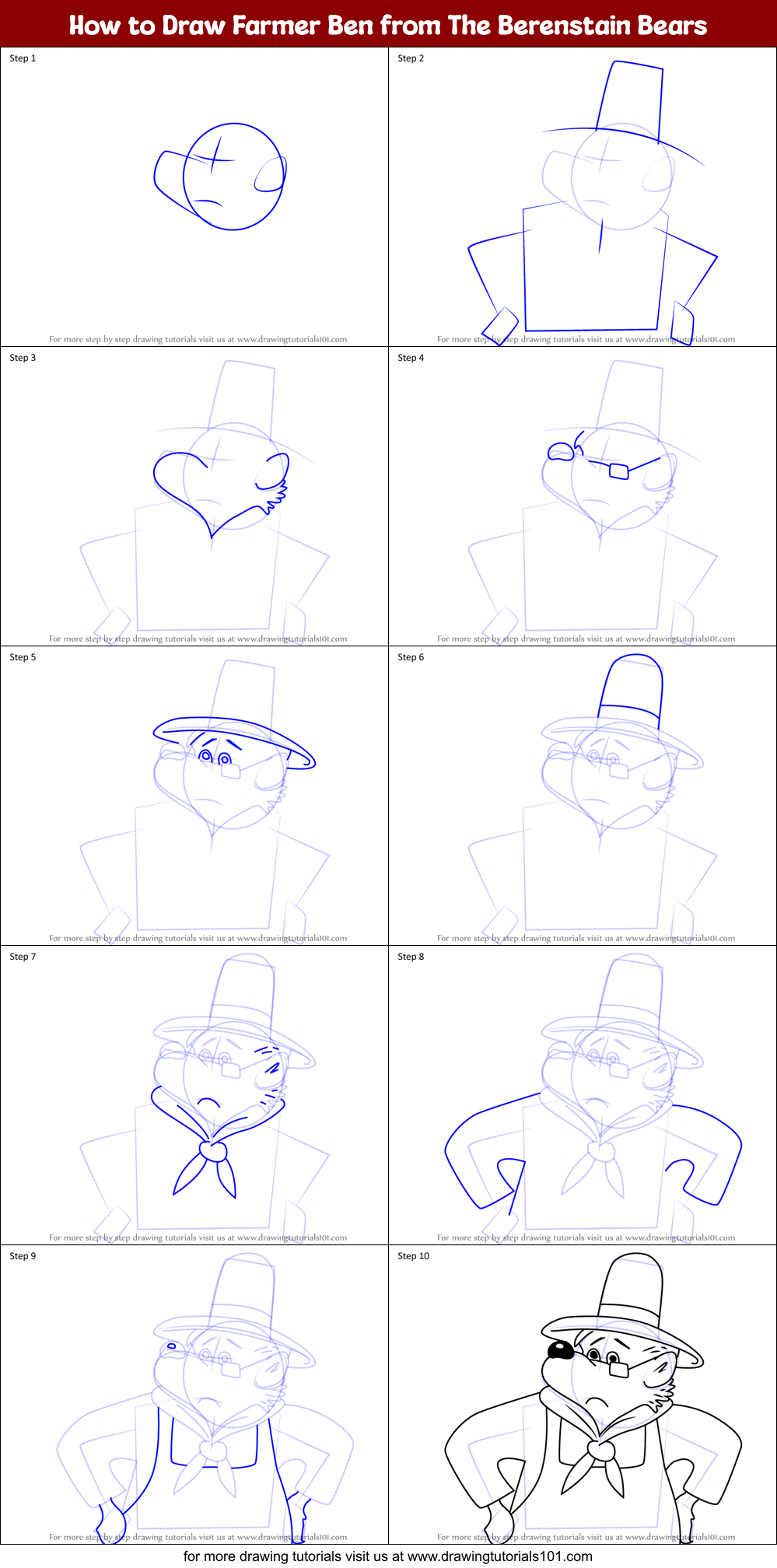 How to Draw Farmer Ben from The Berenstain Bears Printable Step by Step