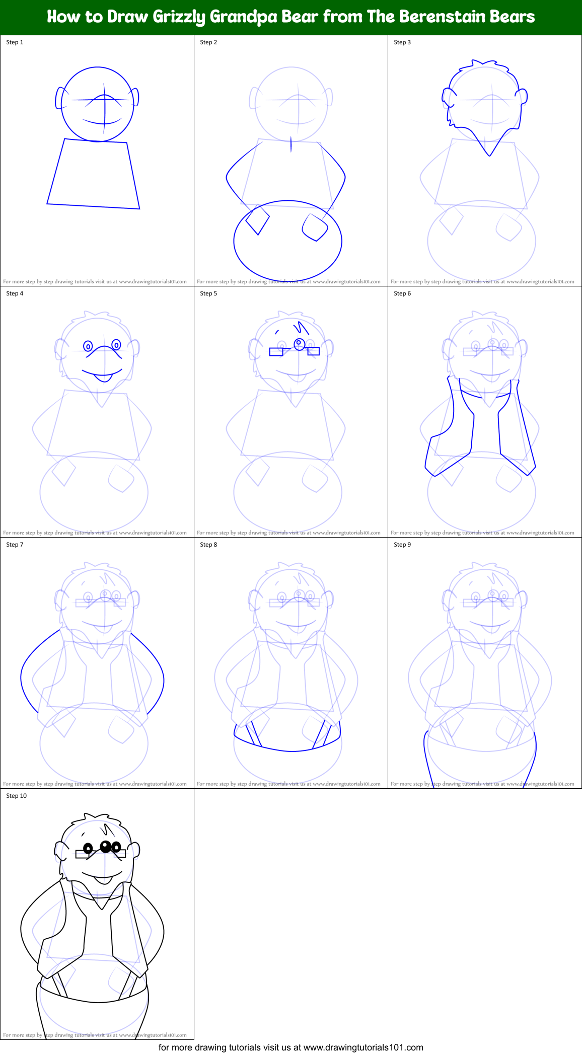 How to Draw Grizzly Grandpa Bear from The Berenstain Bears Printable Step by Step
