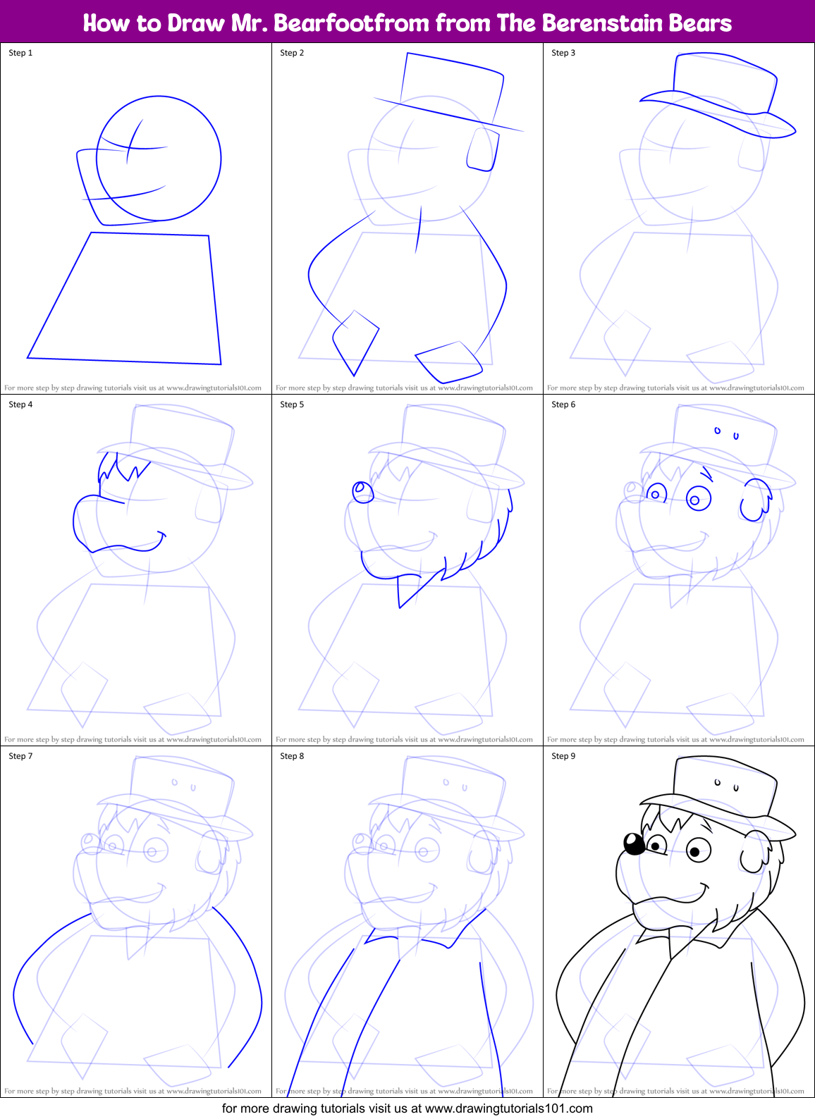 How to Draw Mr. Bearfootfrom from The Berenstain Bears Printable Step by Step