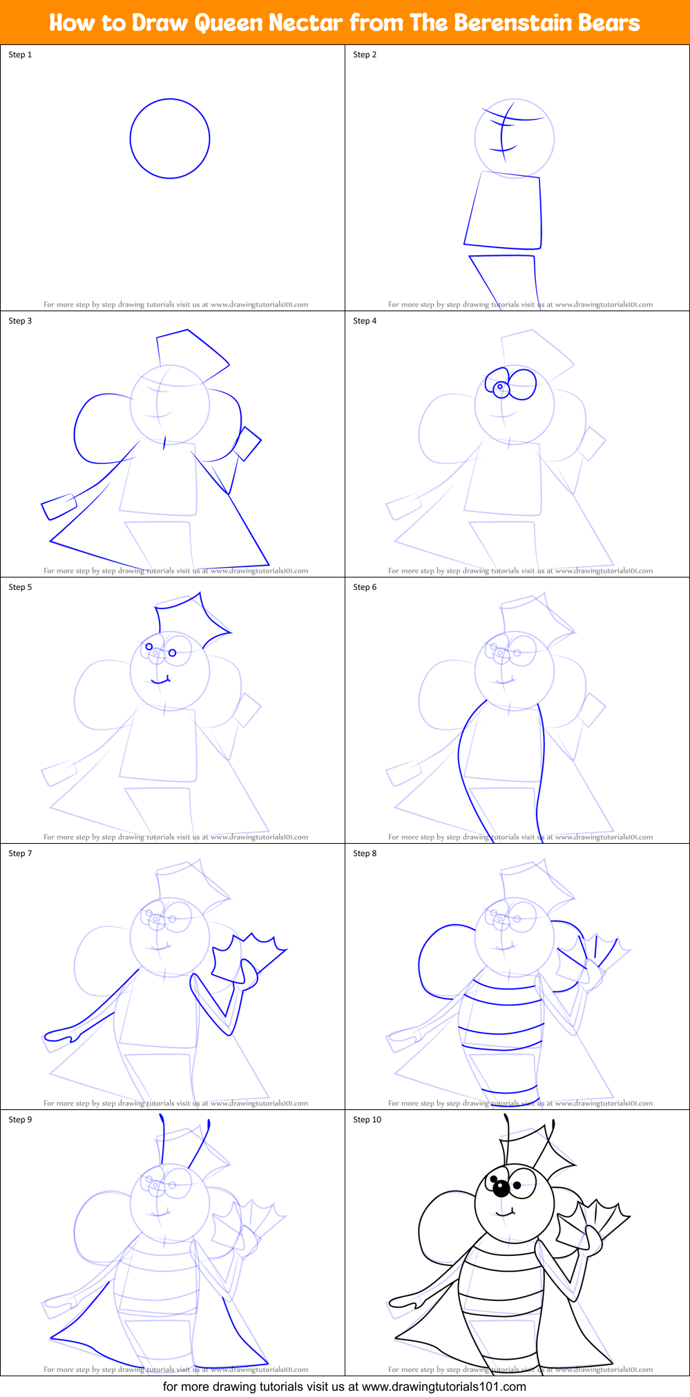 How to Draw Queen Nectar from The Berenstain Bears Printable Step by Step