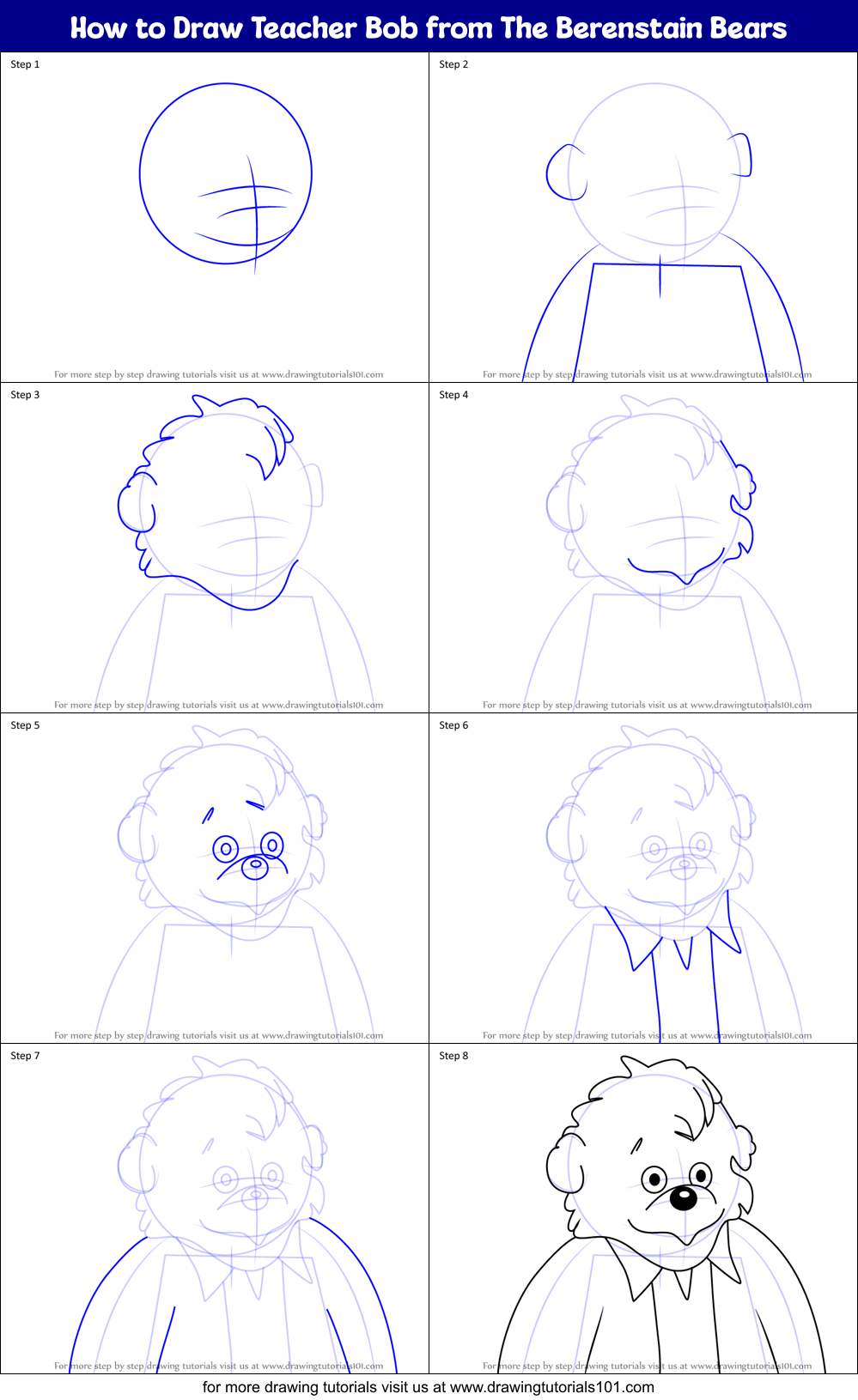 How to Draw Teacher Bob from The Berenstain Bears Printable Step by Step