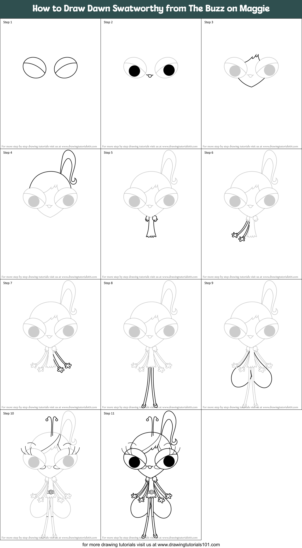 How to Draw Dawn Swatworthy from The Buzz on Maggie Printable Step by Step