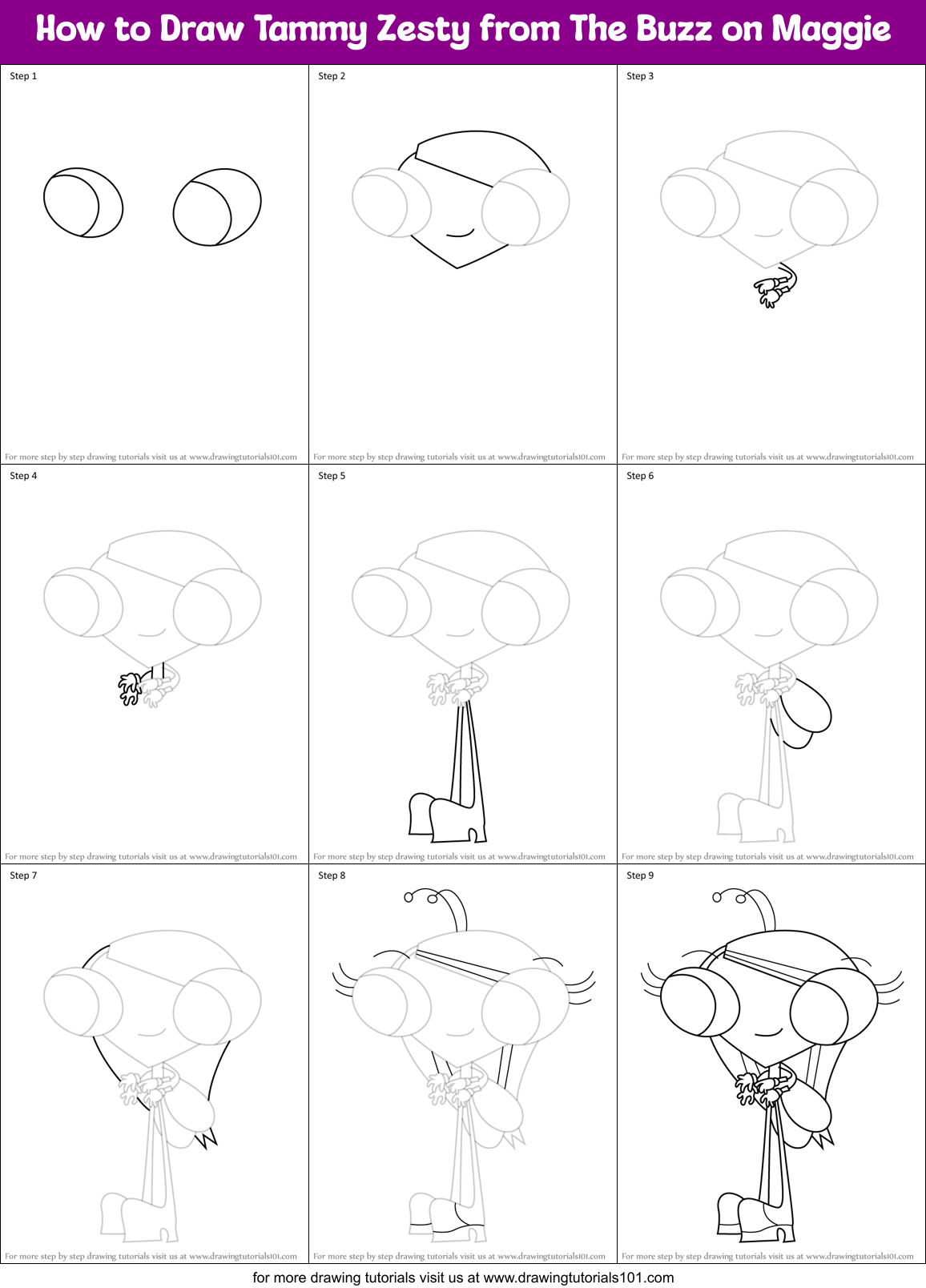 How to Draw Tammy Zesty from The Buzz on Maggie Printable Step by Step