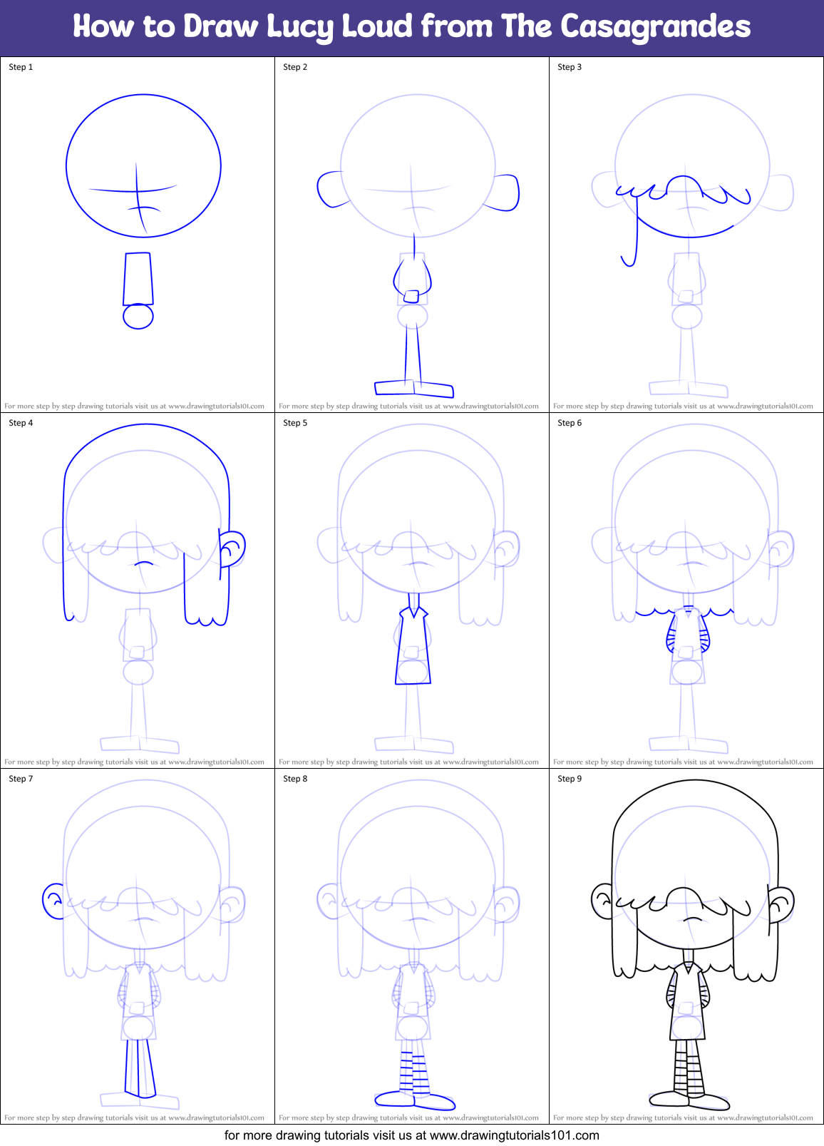 How to Draw Lucy Loud from The Casagrandes Printable Step by Step
