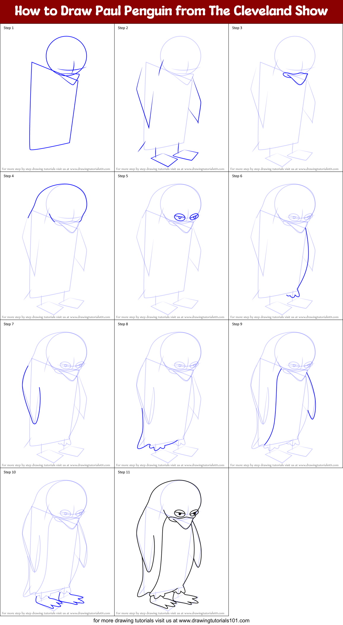 How to Draw Paul Penguin from The Cleveland Show Printable Step by Step