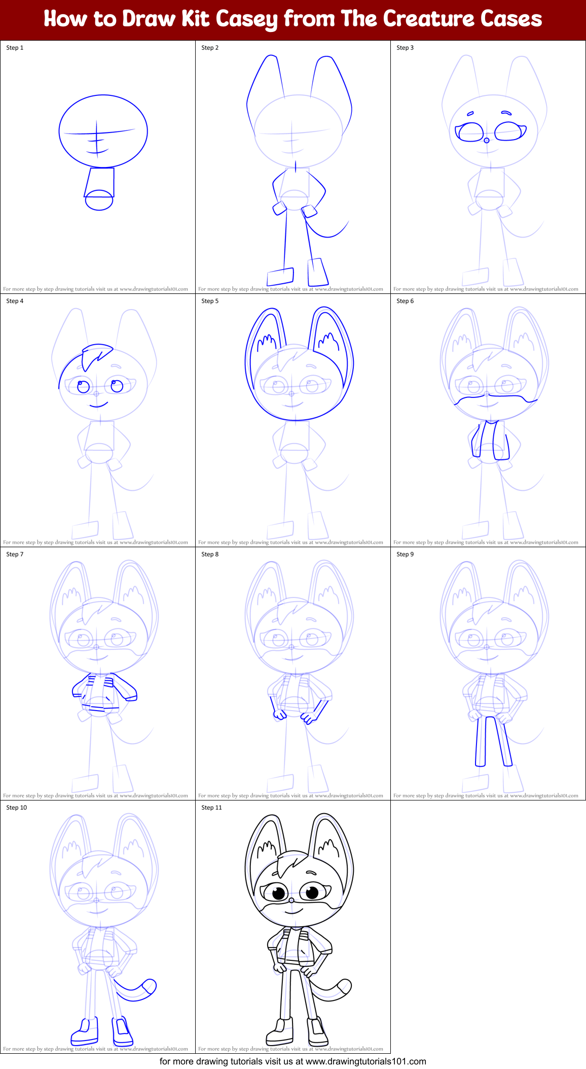 How to Draw Kit Casey from The Creature Cases Printable Step by Step