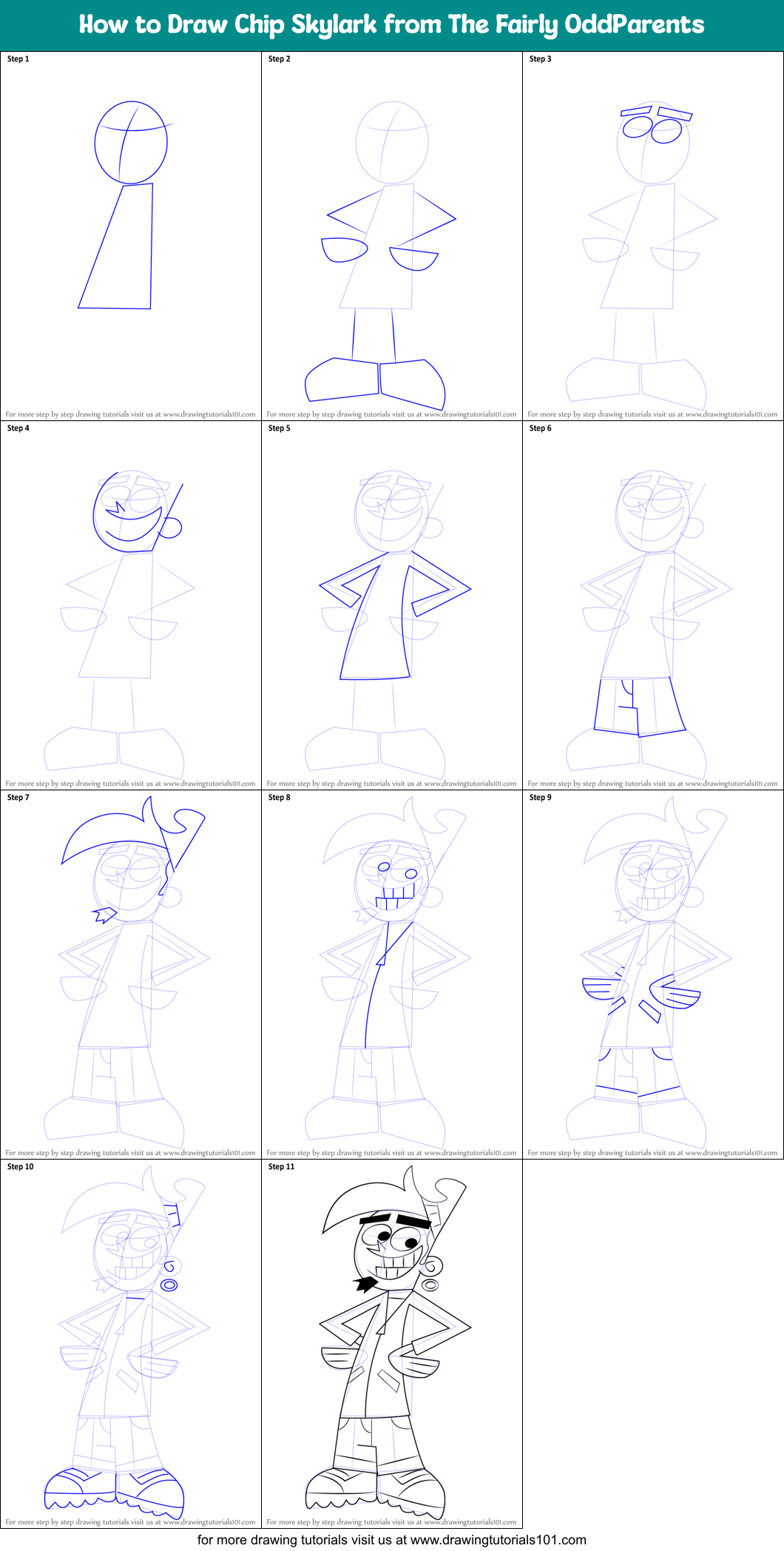How to Draw Chip Skylark from The Fairly OddParents Printable Step by Step