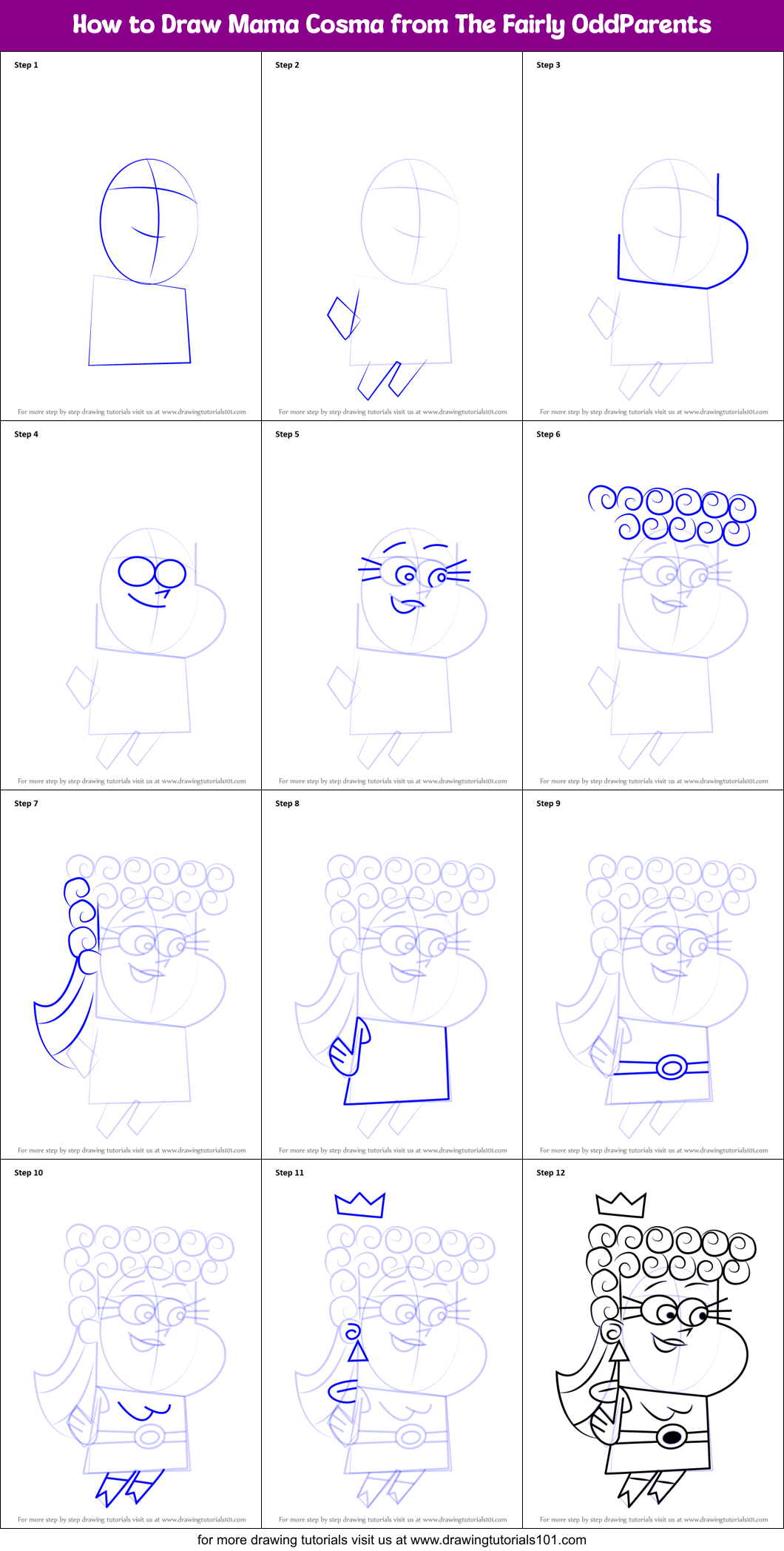 How to Draw Mama Cosma from The Fairly OddParents Printable Step by Step