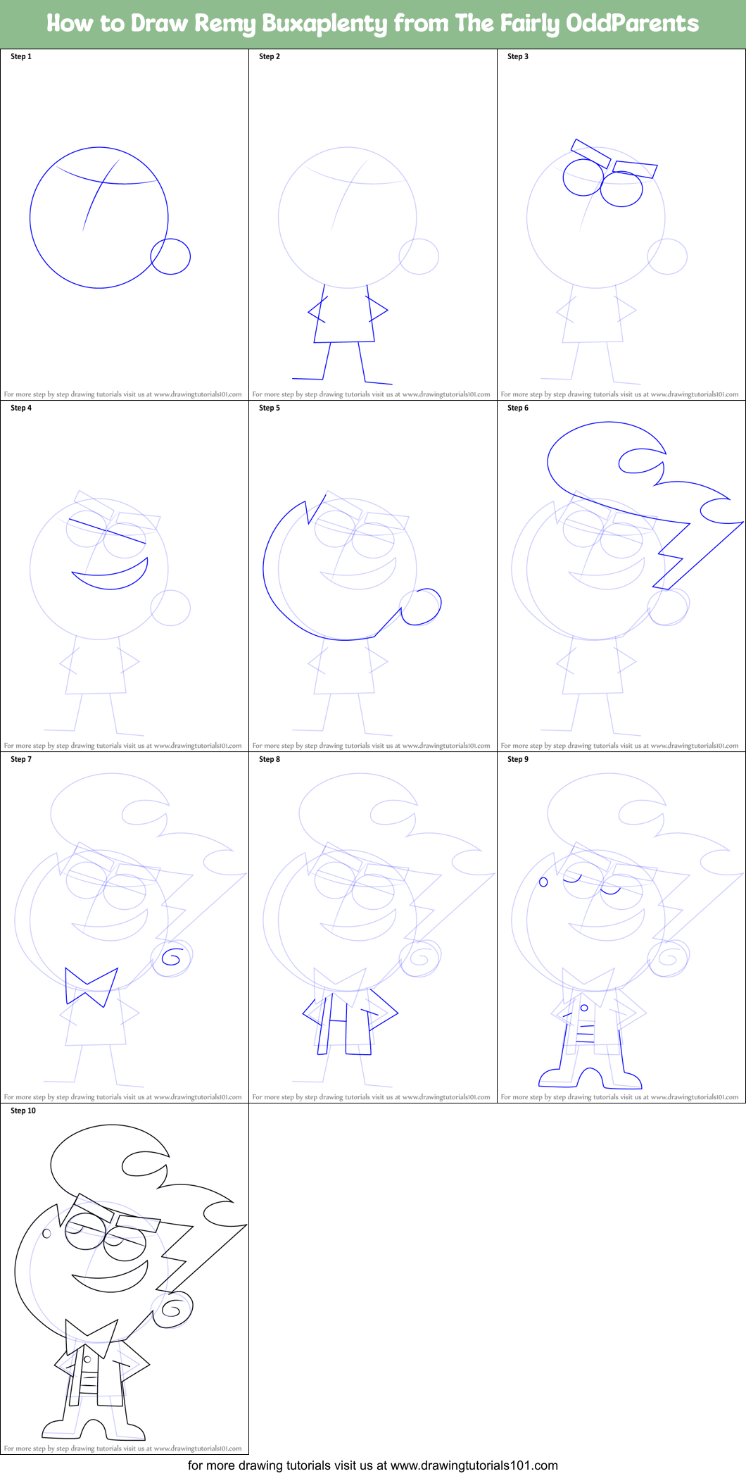 How to Draw Remy Buxaplenty from The Fairly OddParents Printable Step by Step