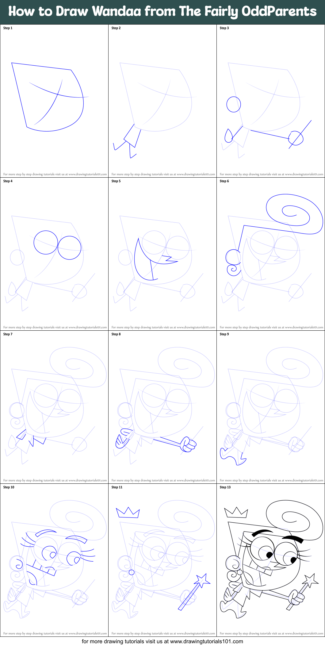 How to Draw Wandaa from The Fairly OddParents Printable Step by Step