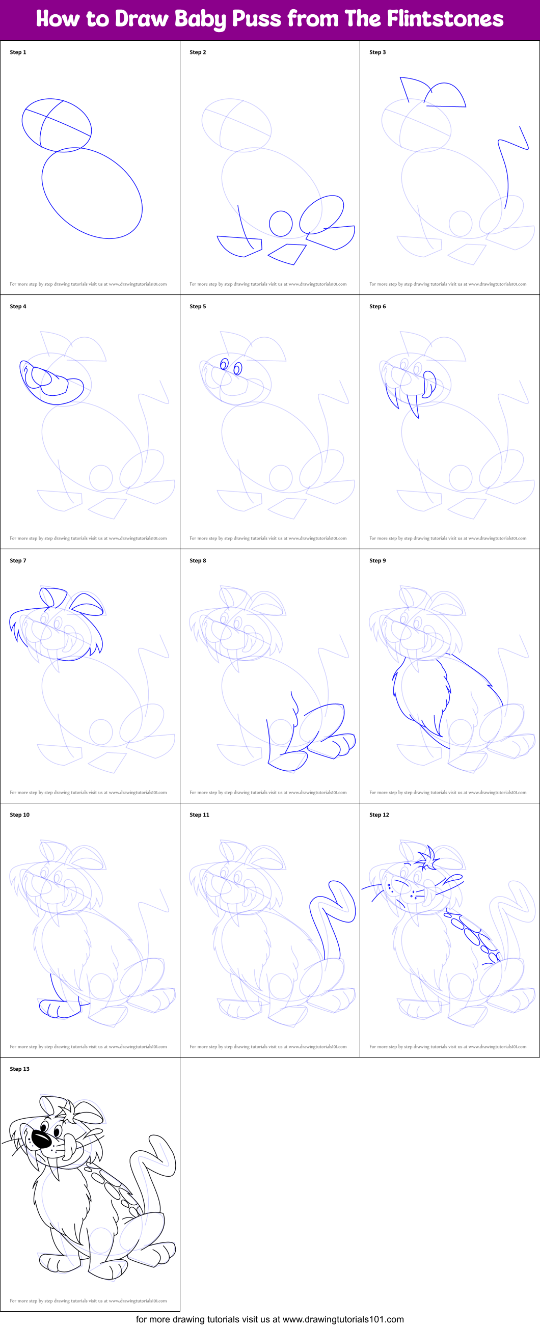 How to Draw Baby Puss from The Flintstones Printable Step by Step