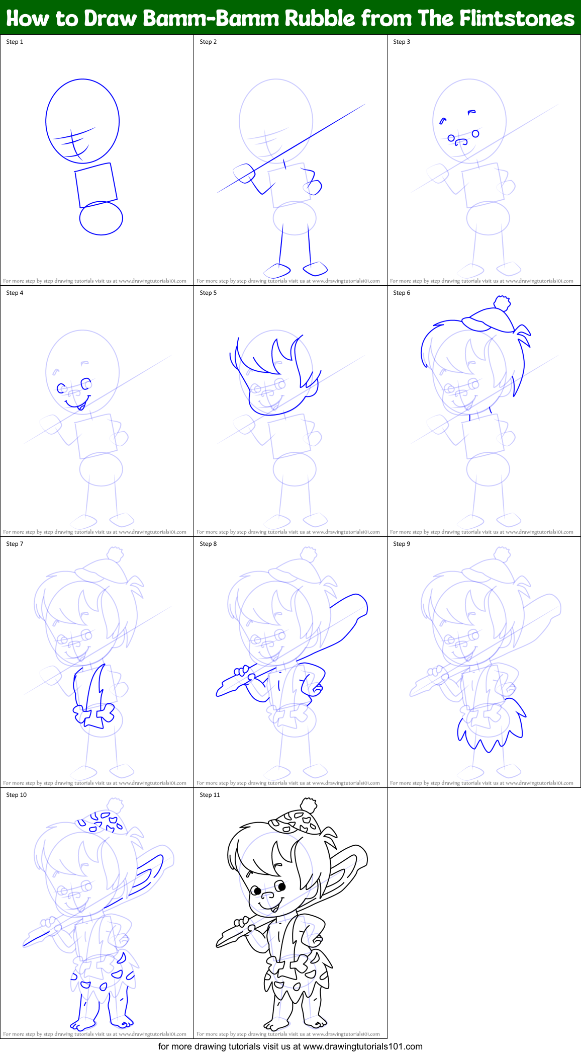 How to Draw Bamm-Bamm Rubble from The Flintstones Printable Step by Step
