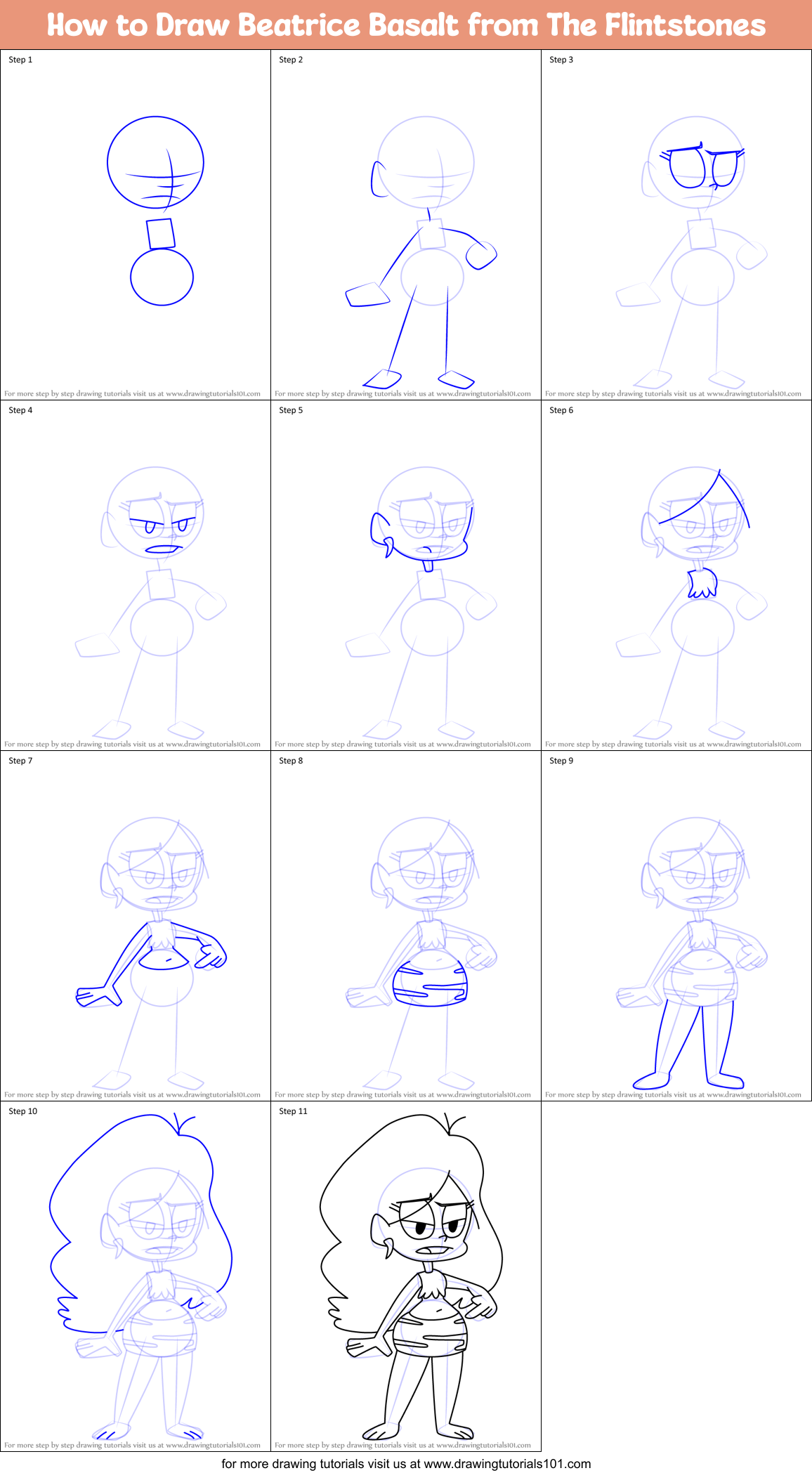 How to Draw Beatrice Basalt from The Flintstones Printable Step by Step