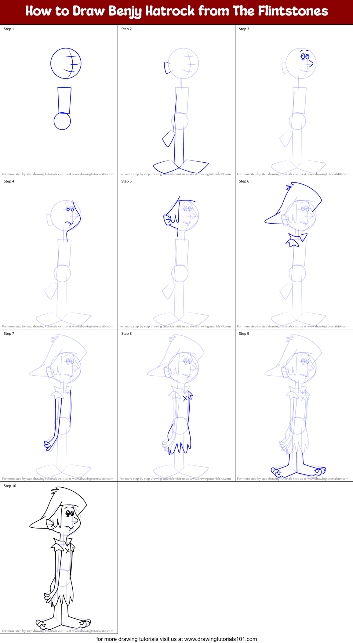 How to Draw Benjy Hatrock from The Flintstones Printable Step by Step