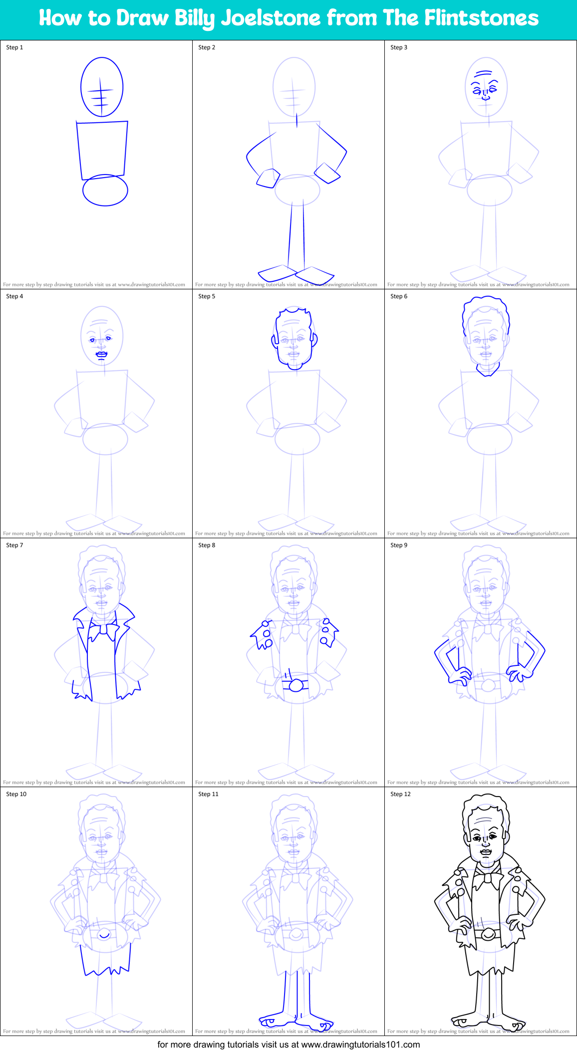 How to Draw Billy Joelstone from The Flintstones Printable Step by Step