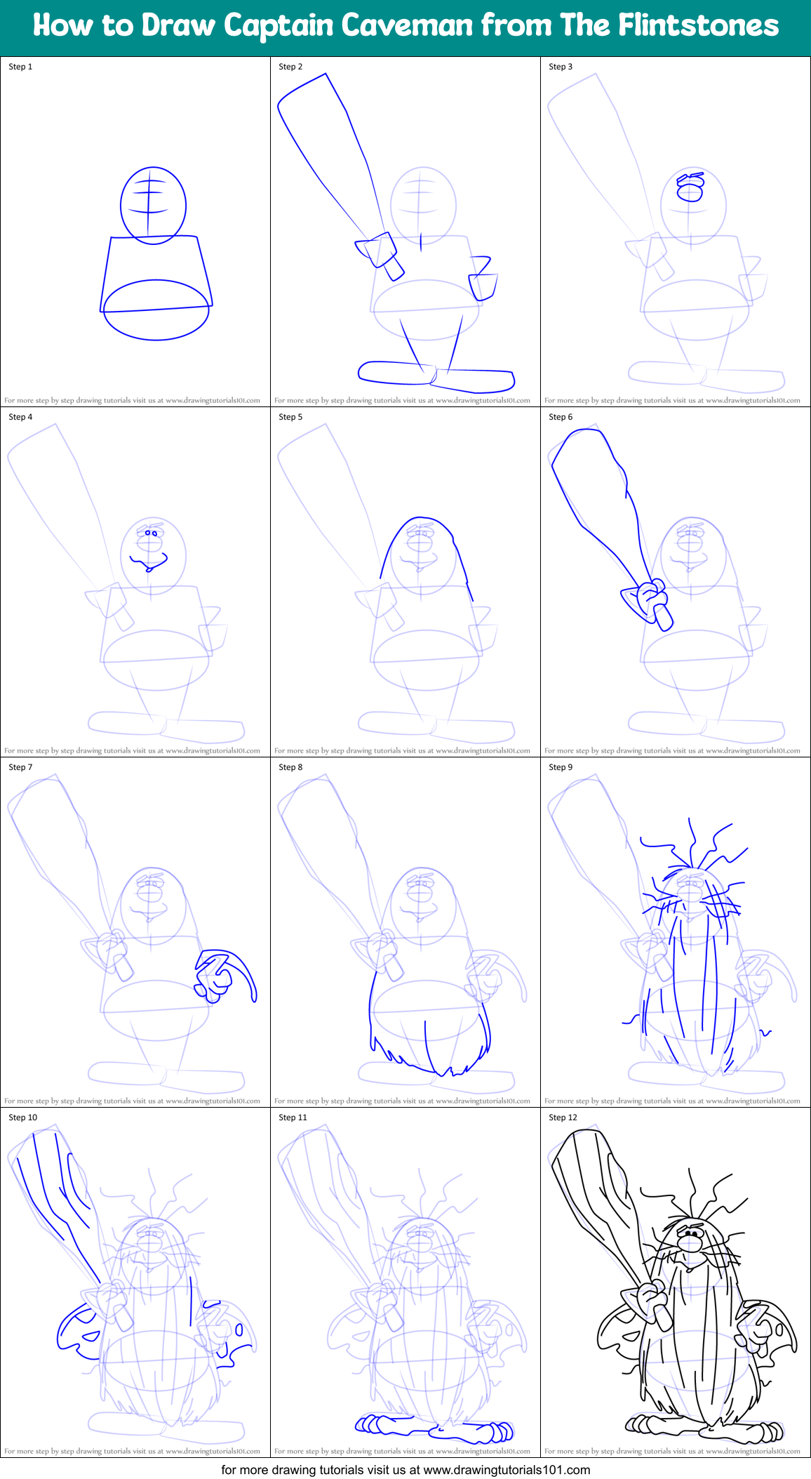 How to Draw Captain Caveman from The Flintstones Printable Step by Step