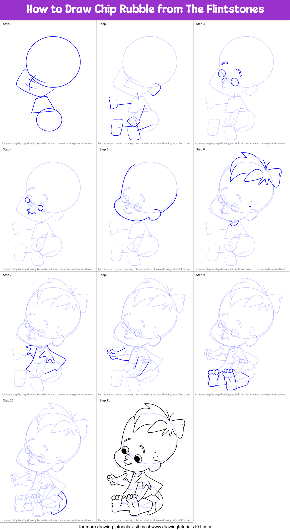 How to Draw Chip Rubble from The Flintstones Printable Step by Step